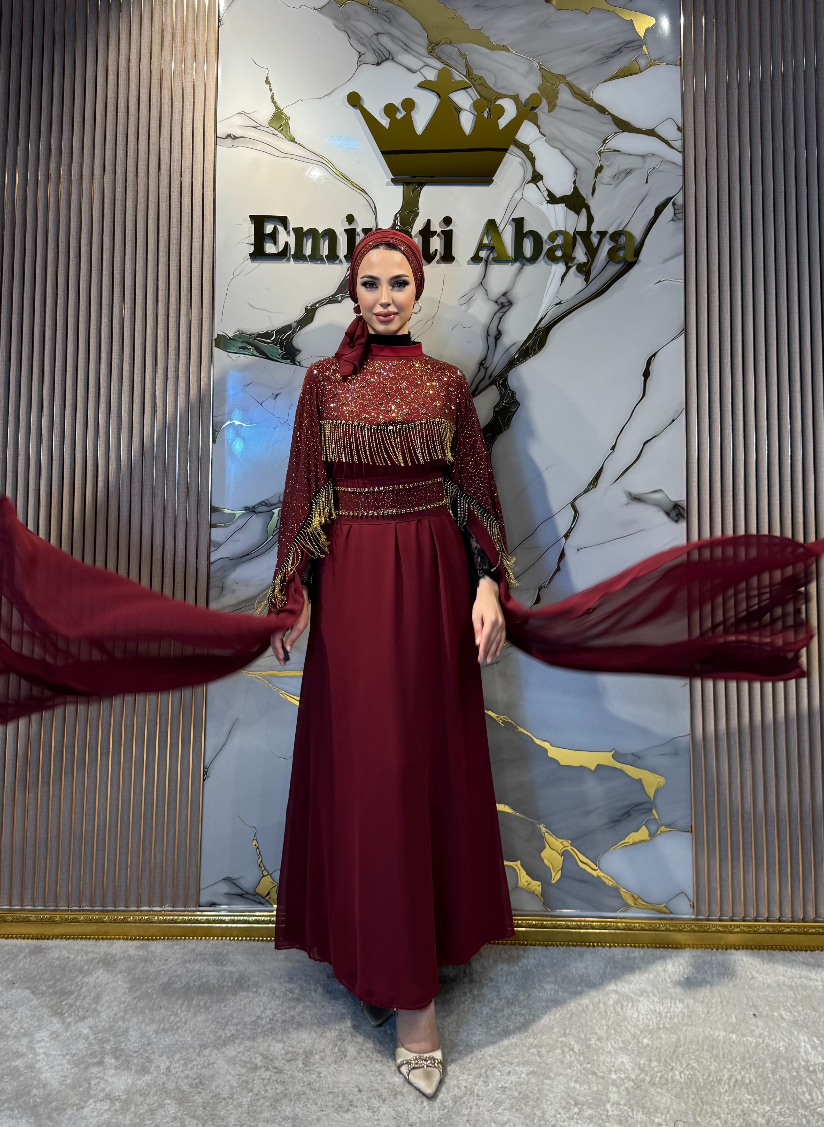 Burgundy Chiffon Long-Sleeved Abaya with Gold Embellishments