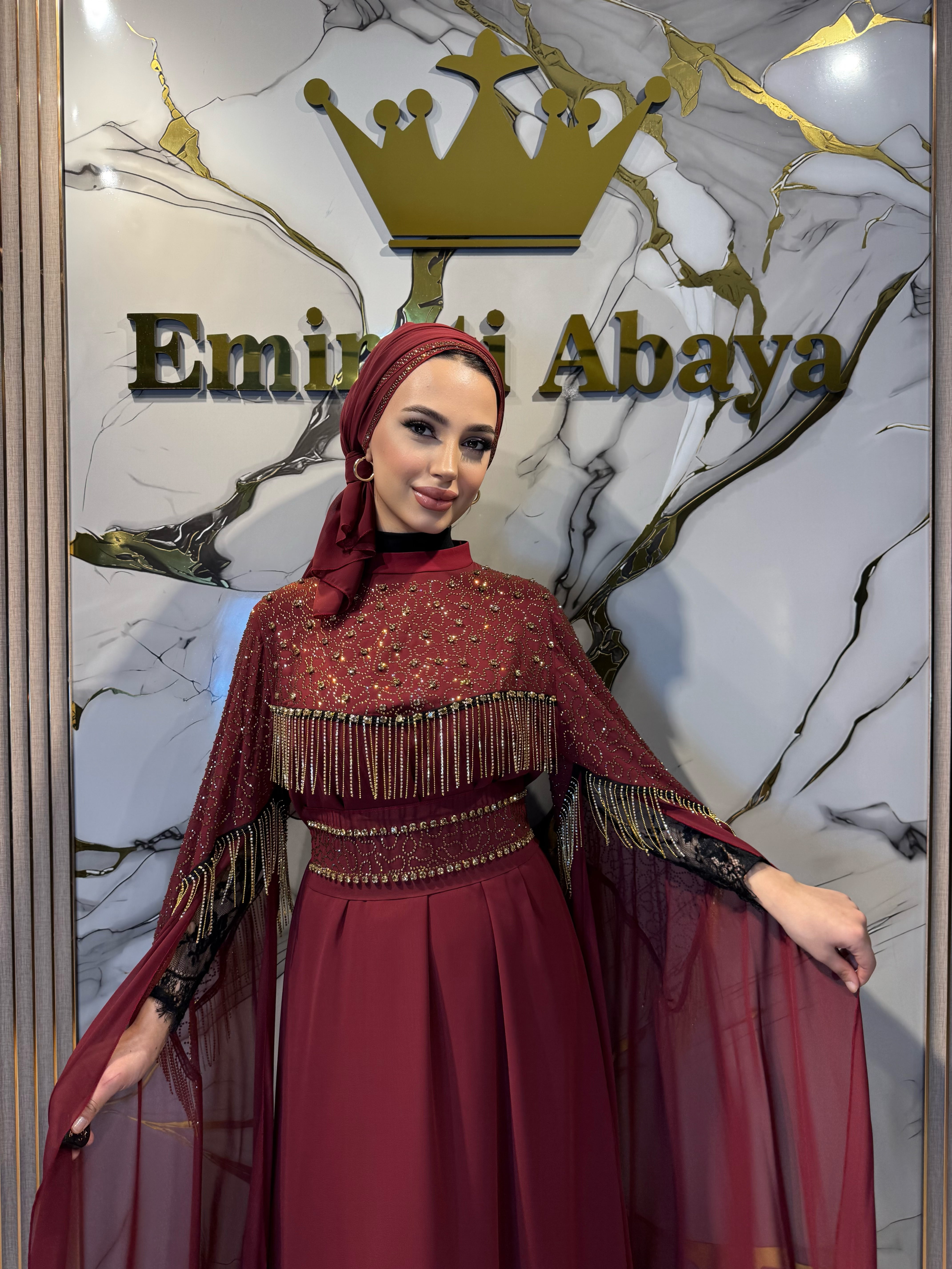 Burgundy Chiffon Long-Sleeved Abaya with Gold Embellishments