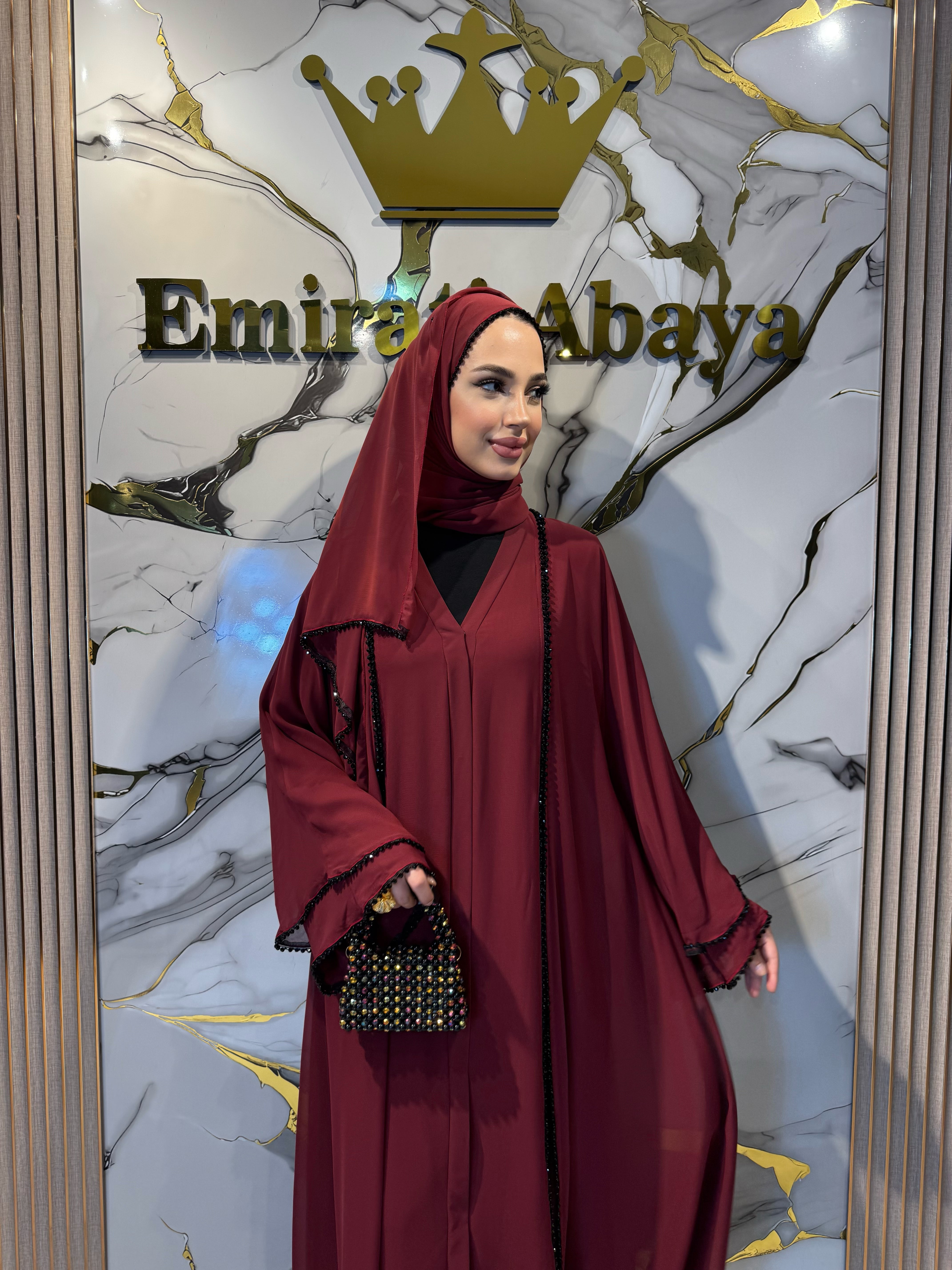 Front Slit Black Beaded Burgundy Abaya TM06 HM BORDEAUX