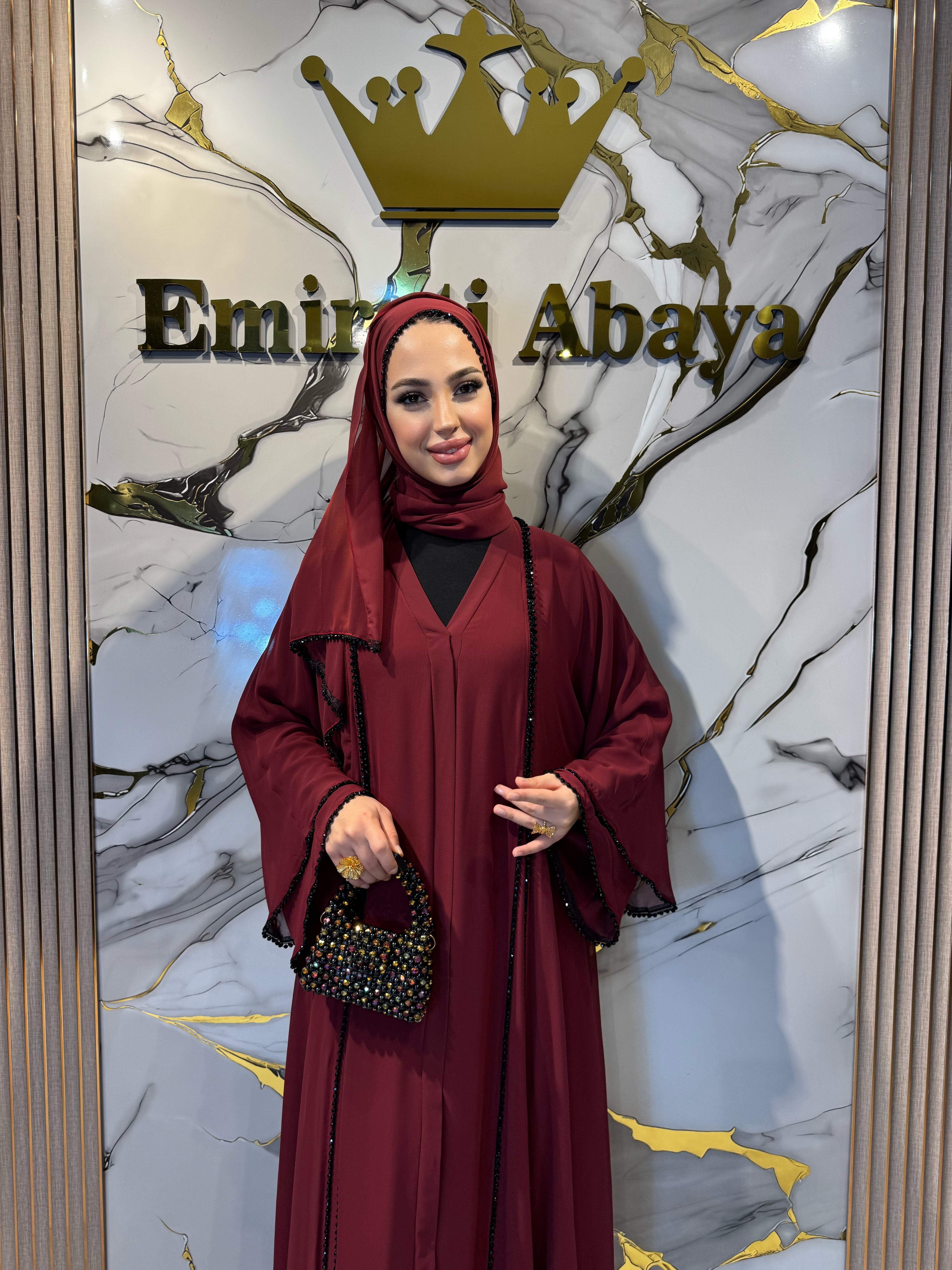 Front Slit Black Beaded Burgundy Abaya TM06 HM BORDEAUX