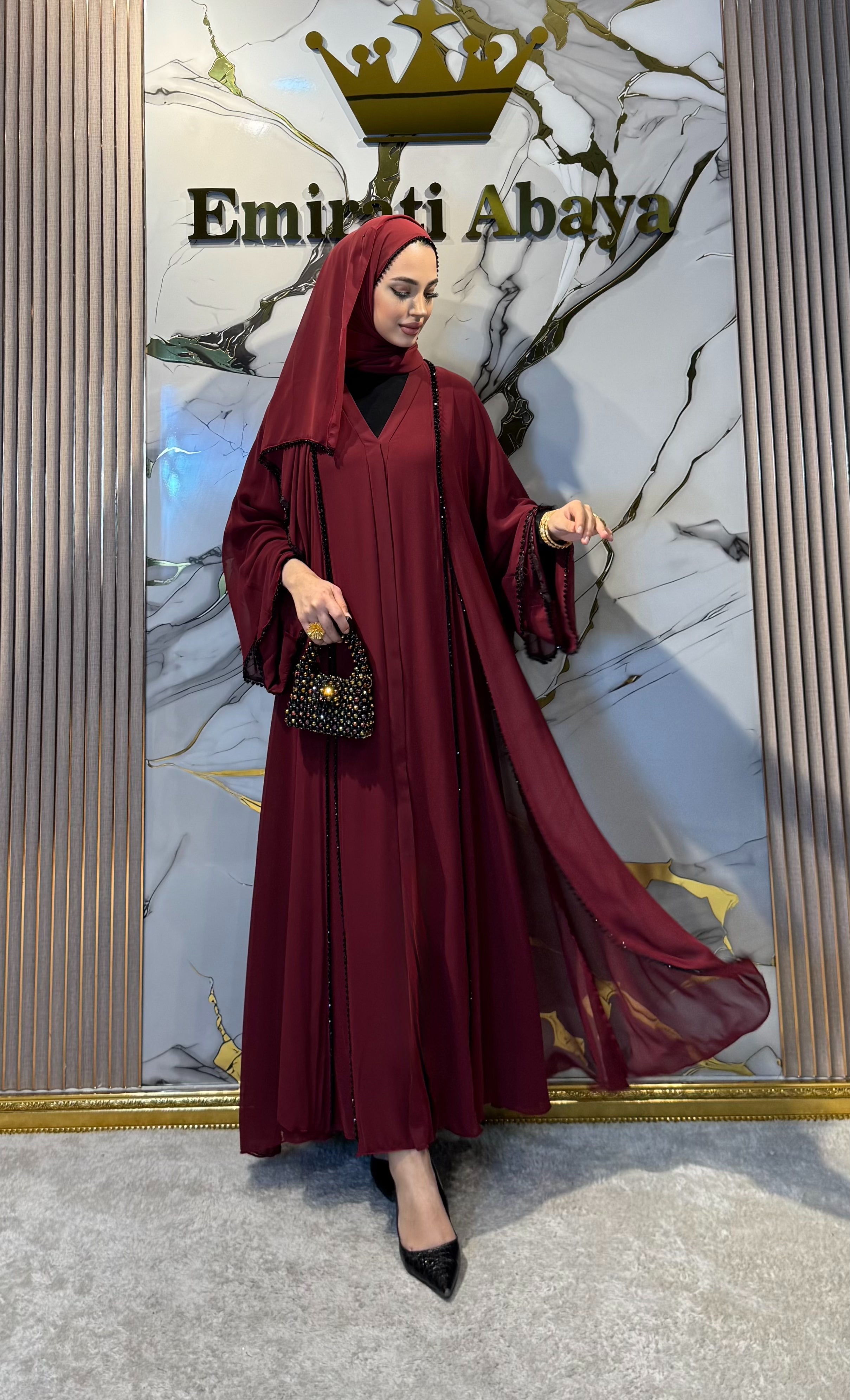 Front Slit Black Beaded Burgundy Abaya TM06 HM BORDEAUX