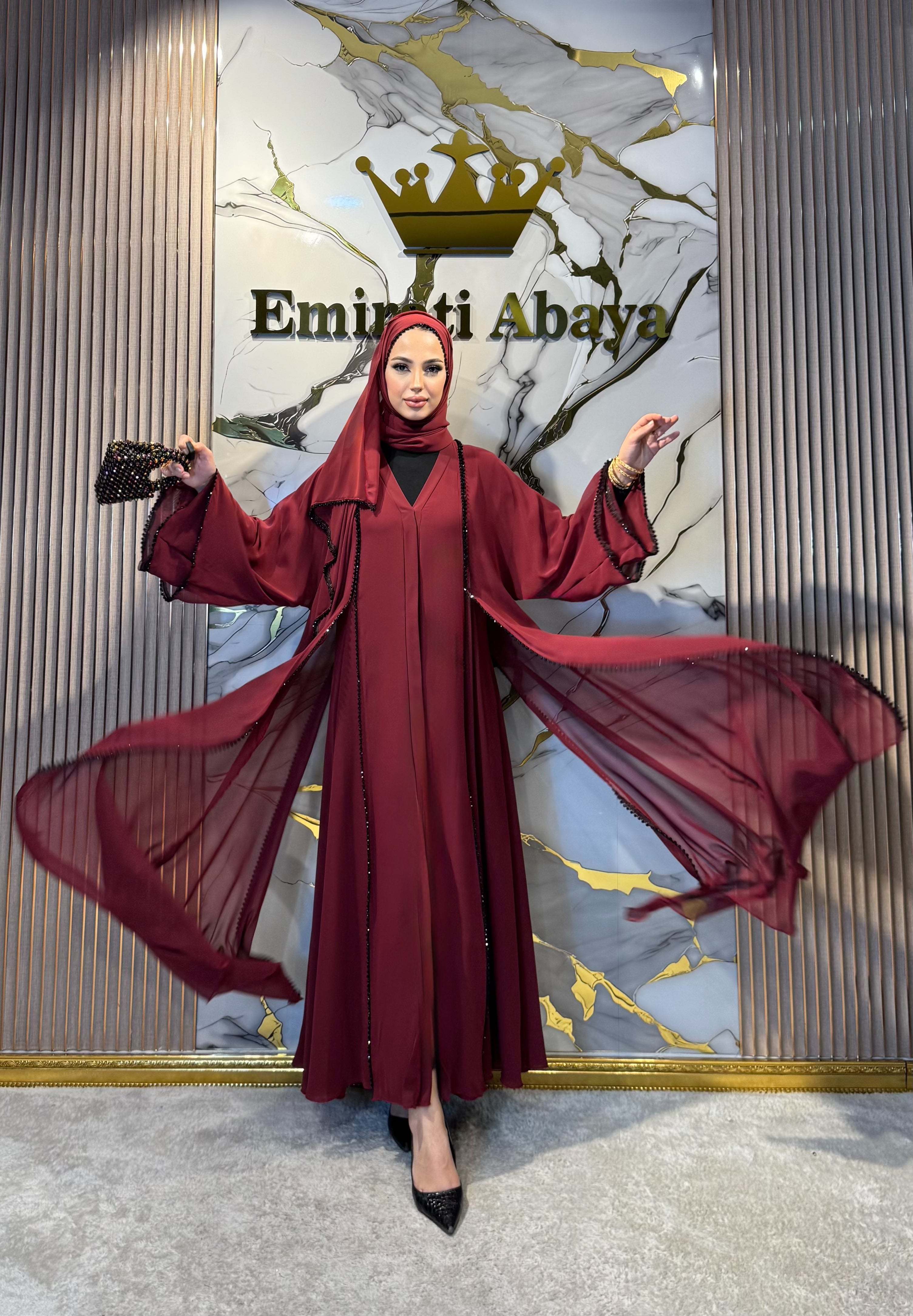 Front Slit Black Beaded Burgundy Abaya TM06 HM BORDEAUX