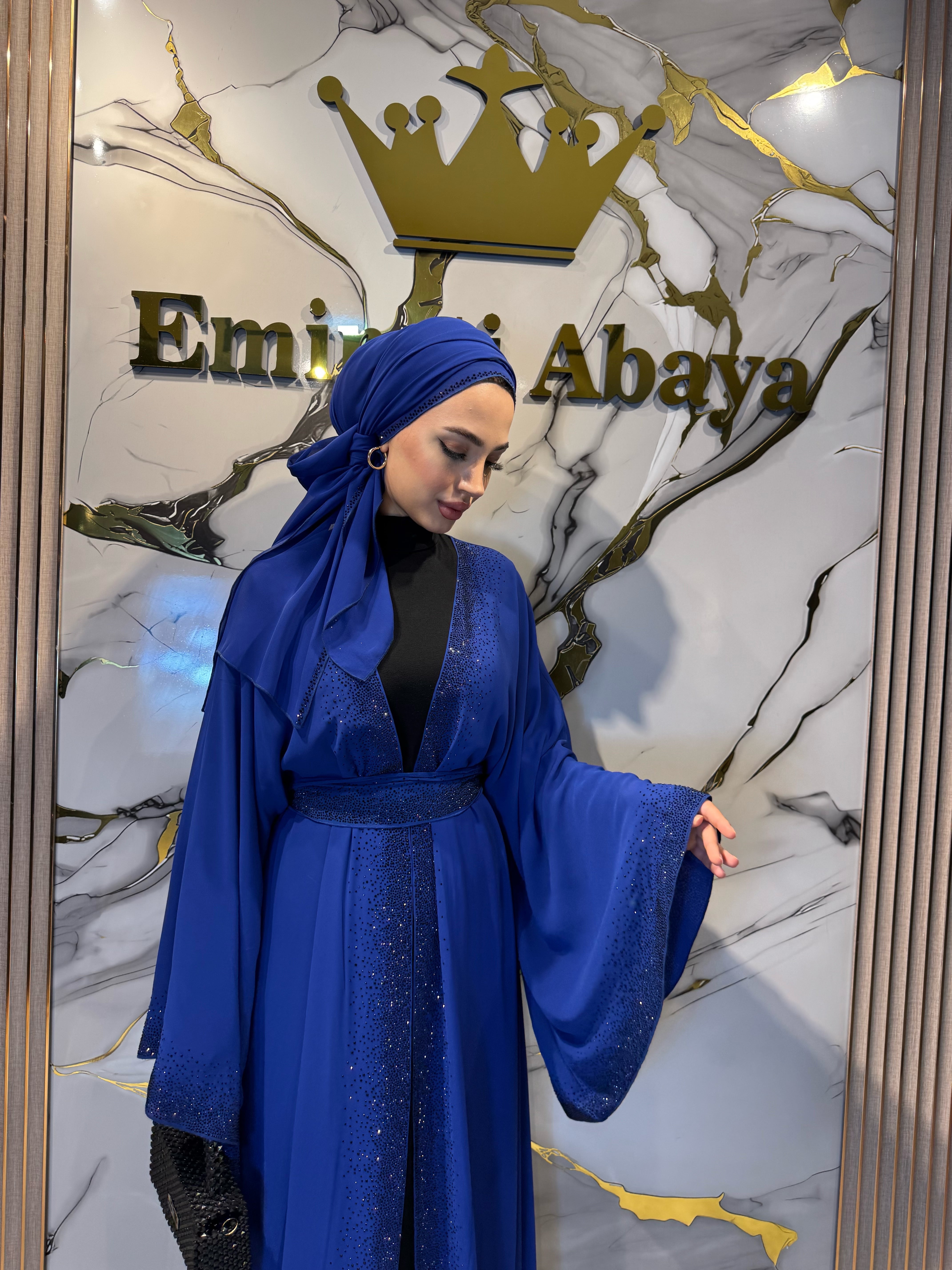 Mavi Yöresel Abaya - 4 Parça Set (Şal, Kemer ve İçlik Dahil) Önü Açık Taşlı Model