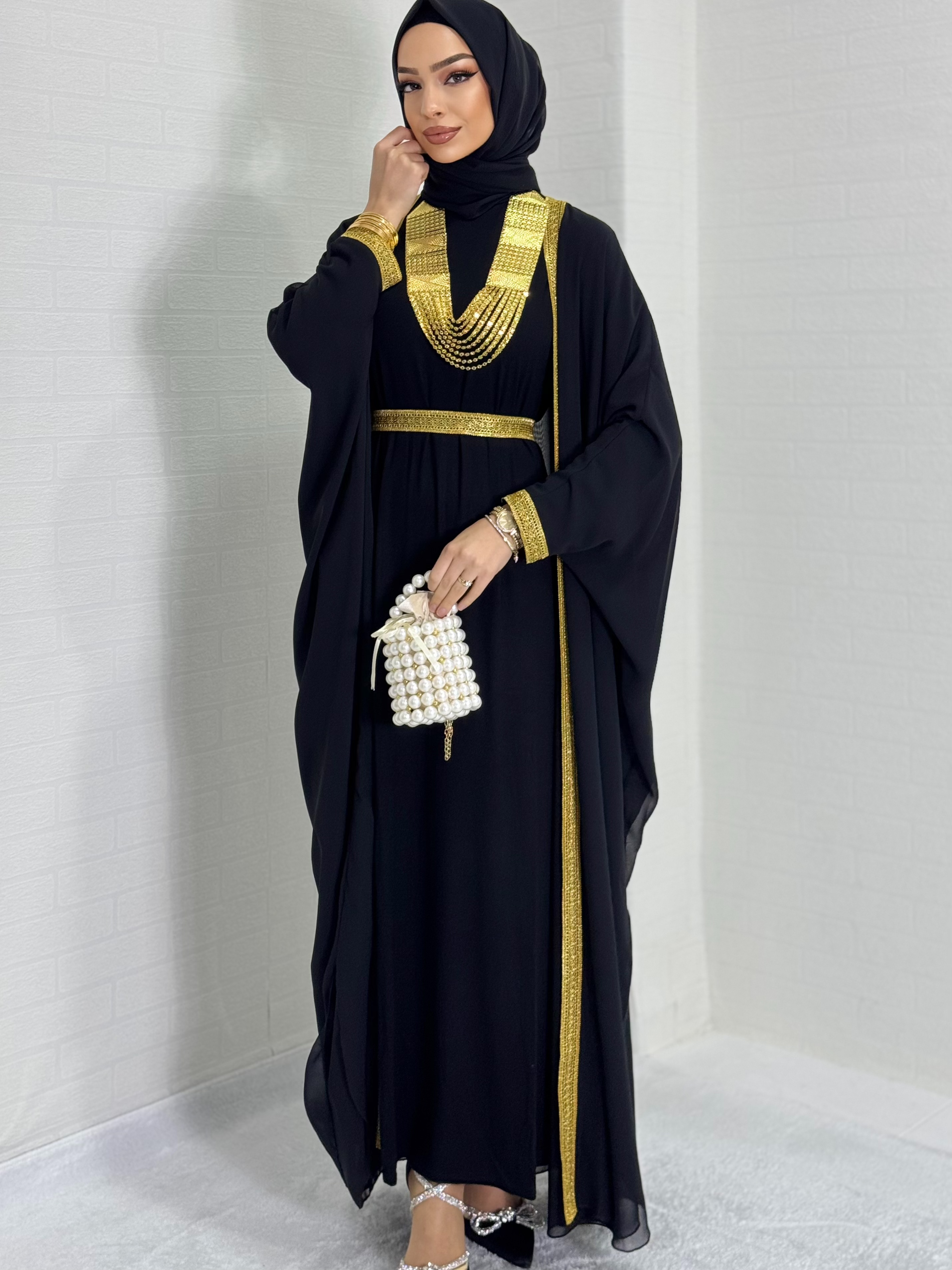 Open Front Gold Patterned Local Abaya