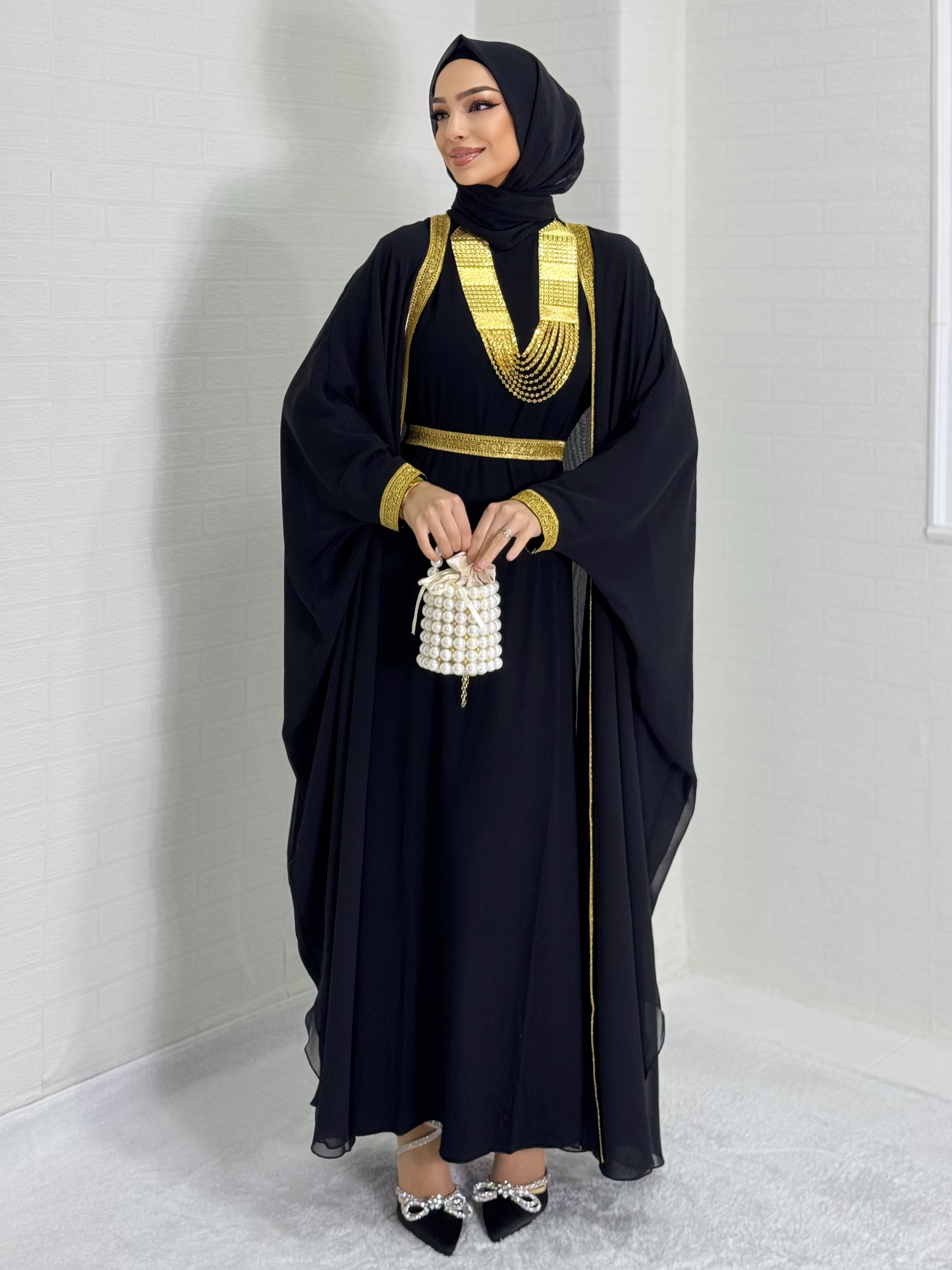 Open Front Gold Patterned Local Abaya