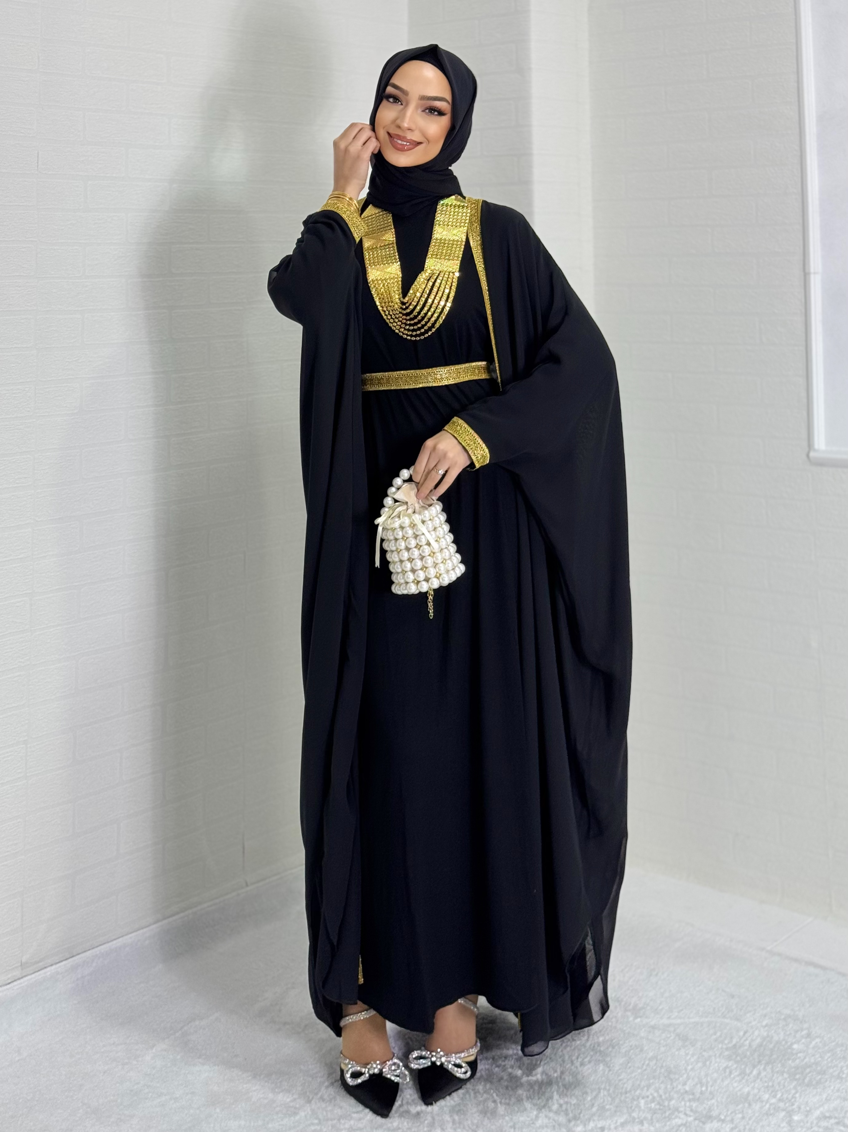 Open Front Gold Patterned Local Abaya