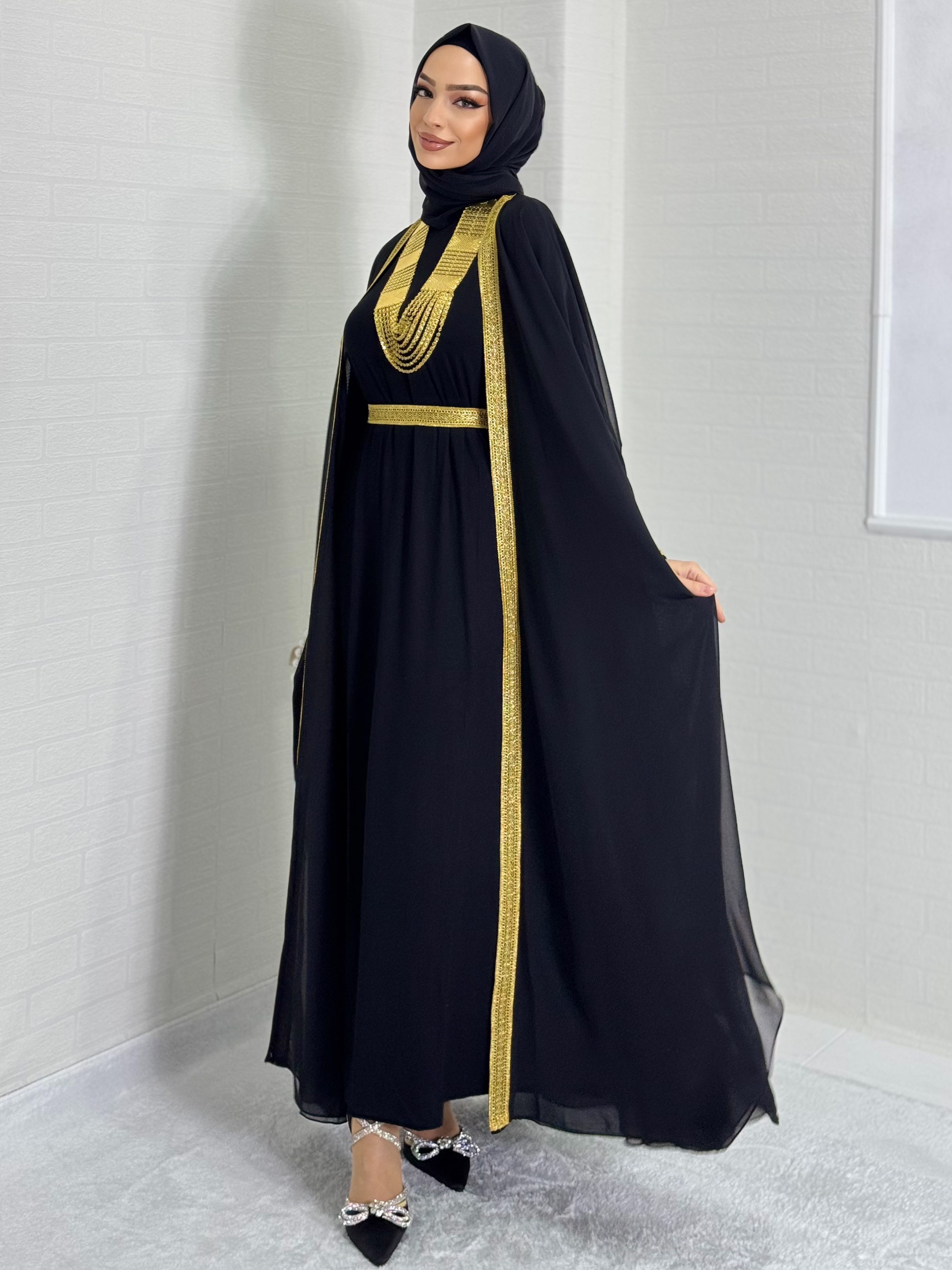 Open Front Gold Patterned Local Abaya