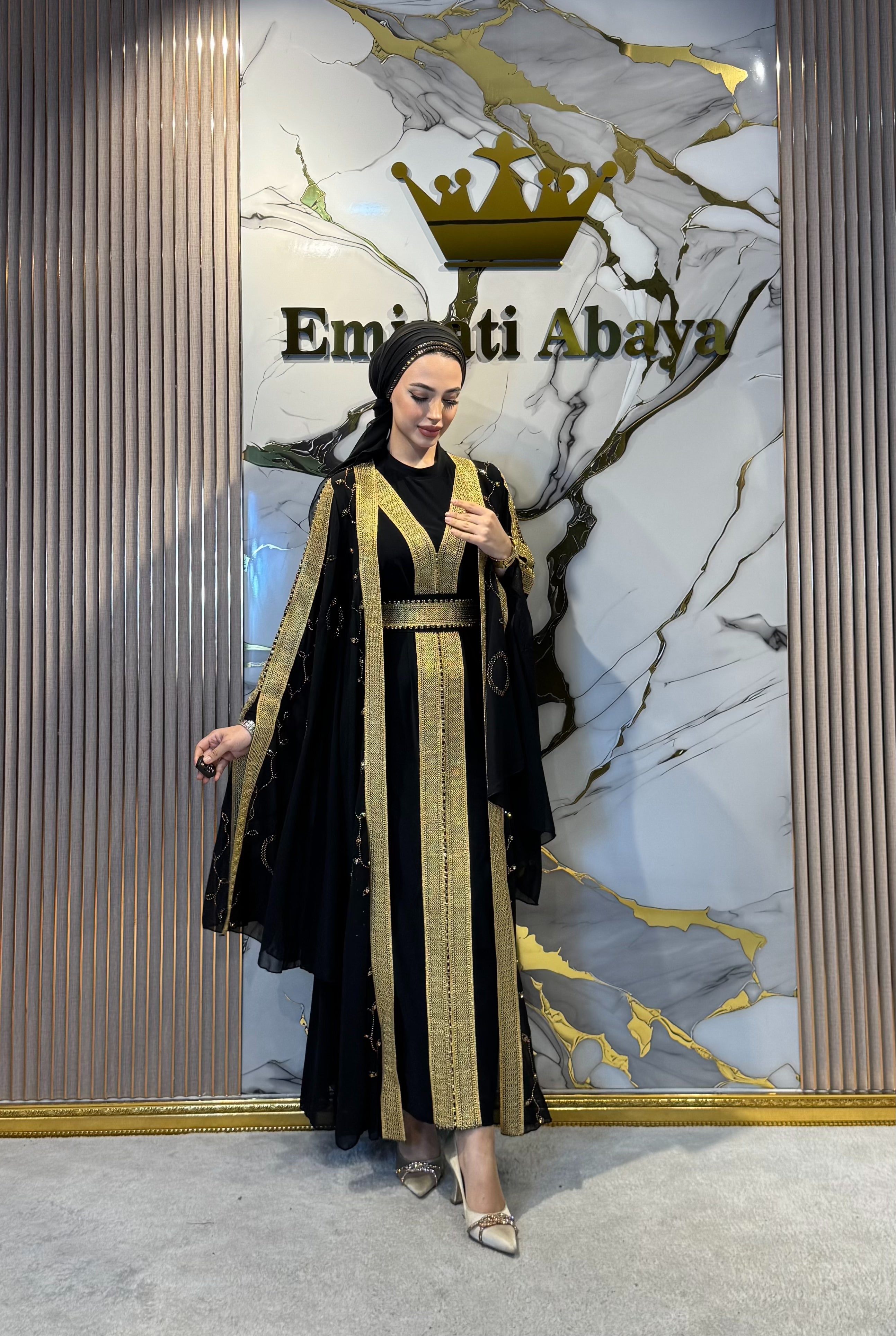 Black Chiffon Abaya with Gold Stripe and Butterfly Sleeves