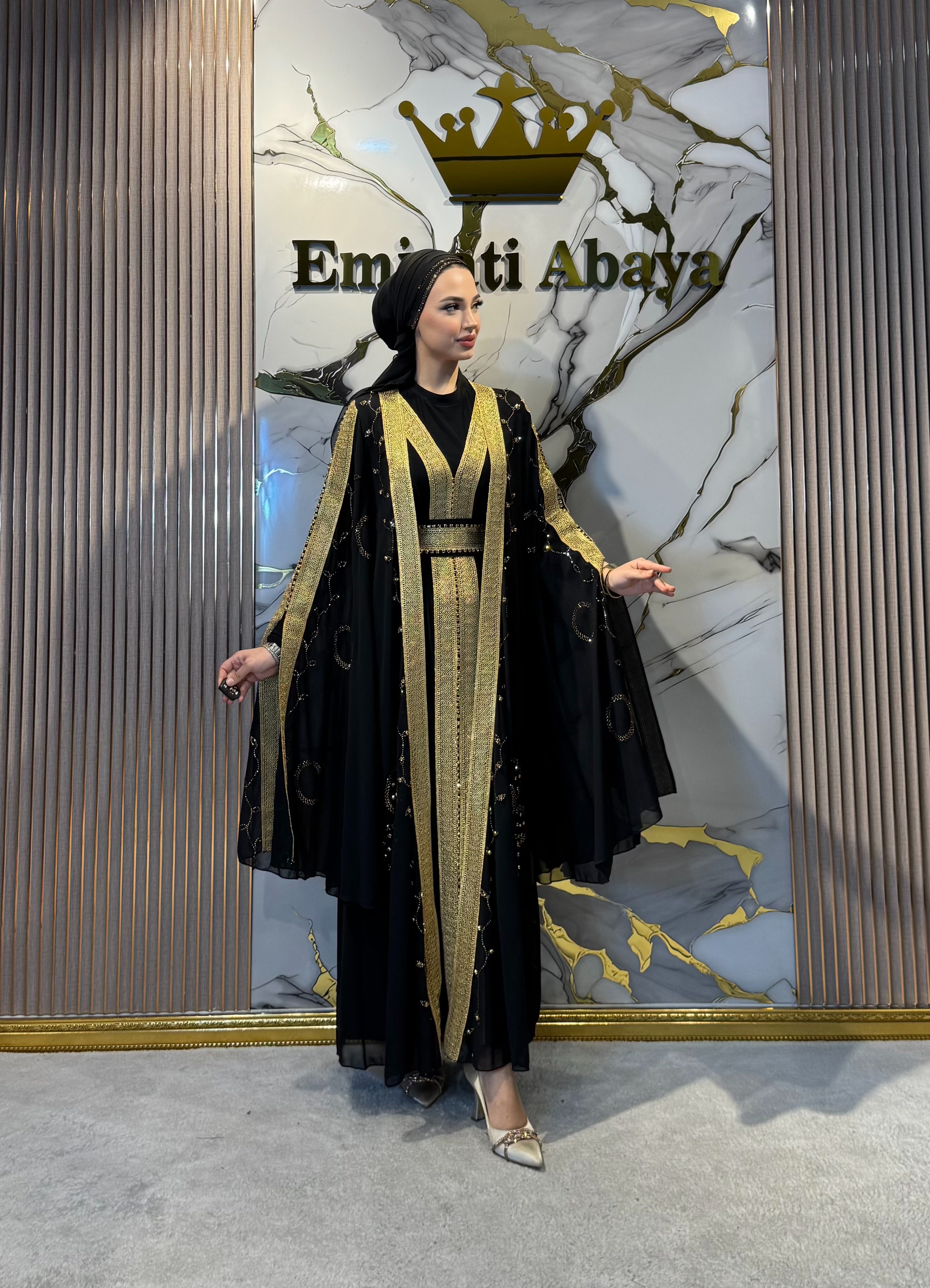 Black Chiffon Abaya with Gold Stripe and Butterfly Sleeves