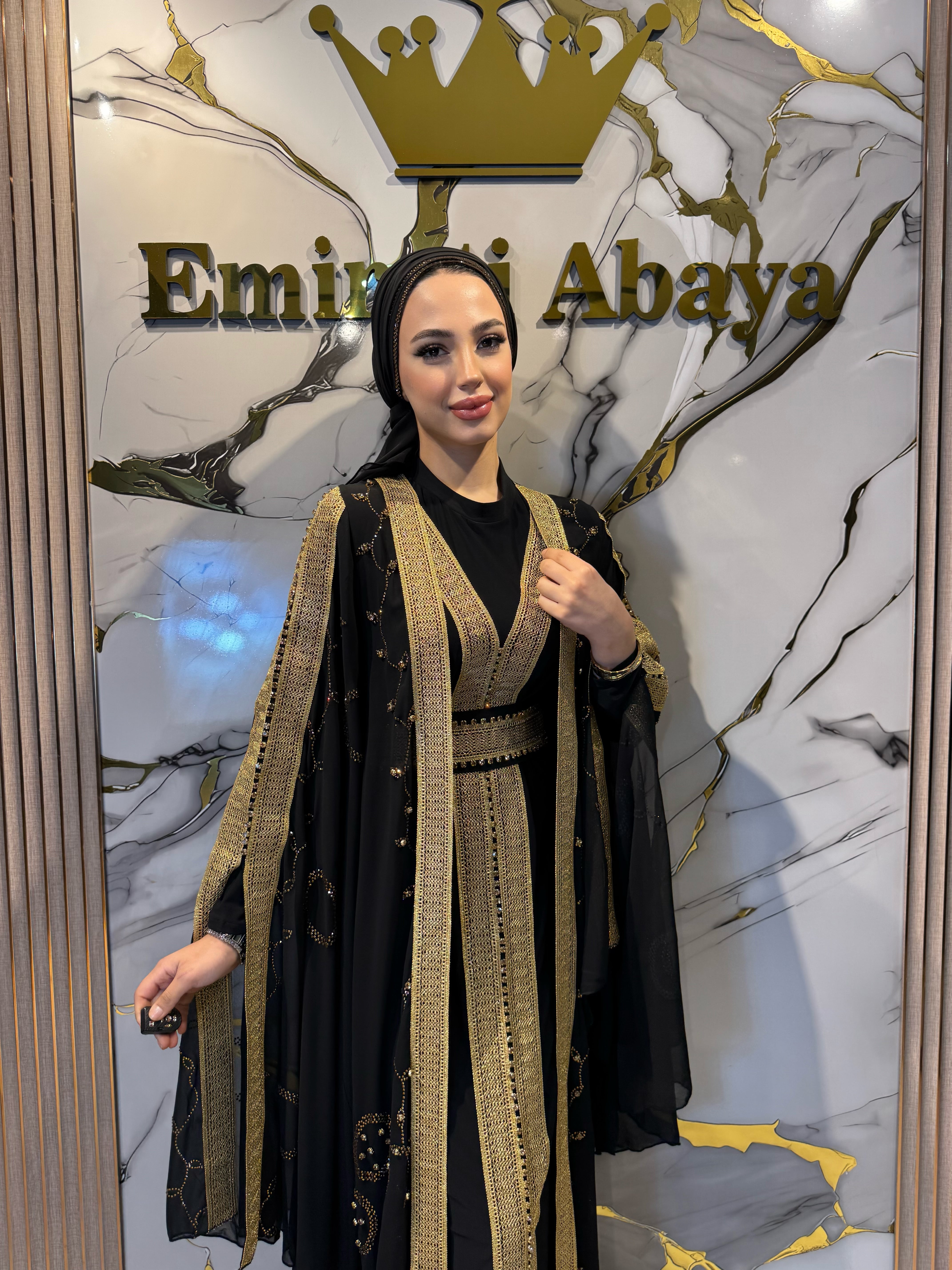 Black Chiffon Abaya with Gold Stripe and Butterfly Sleeves