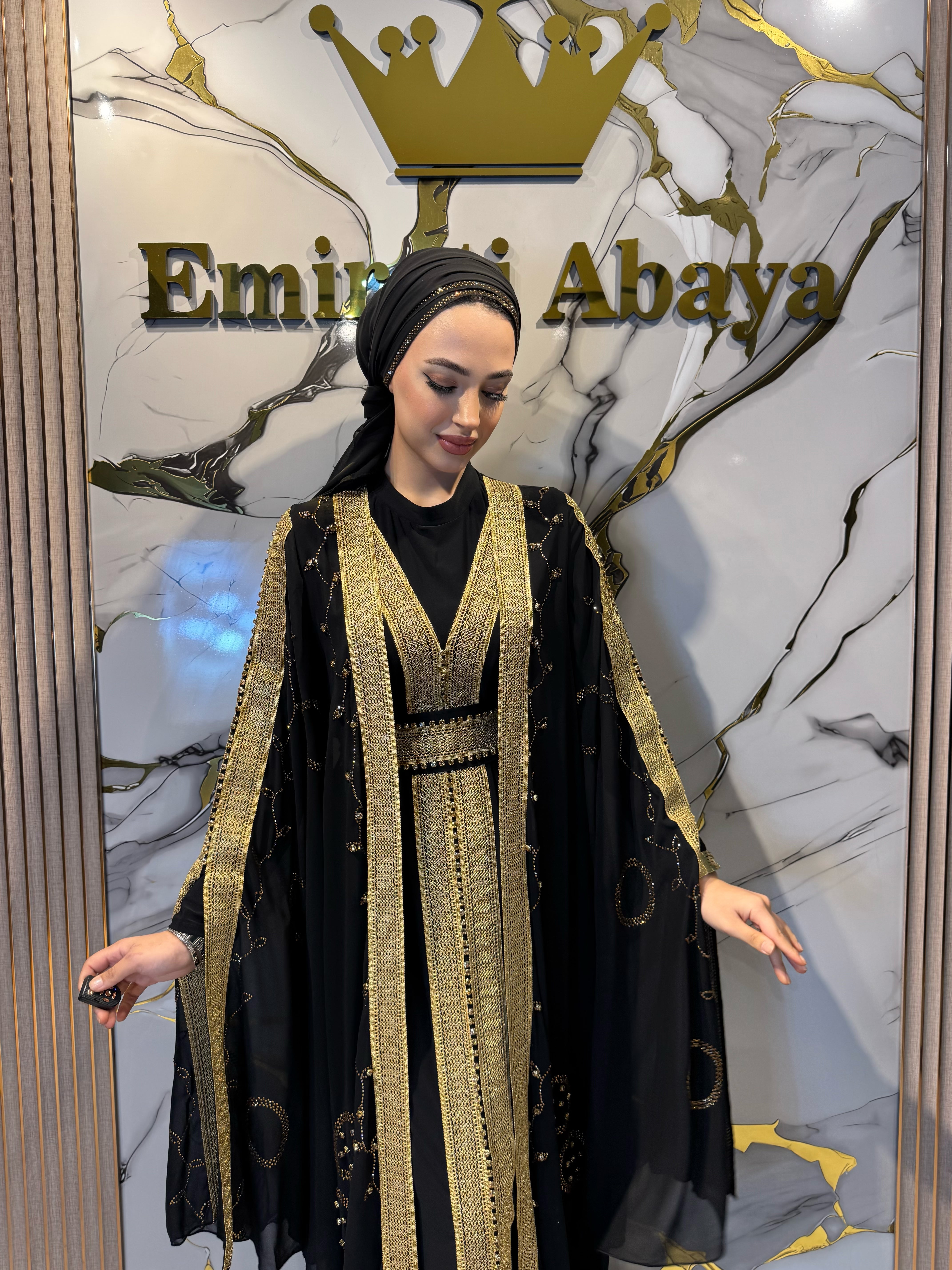 Black Chiffon Abaya with Gold Stripe and Butterfly Sleeves