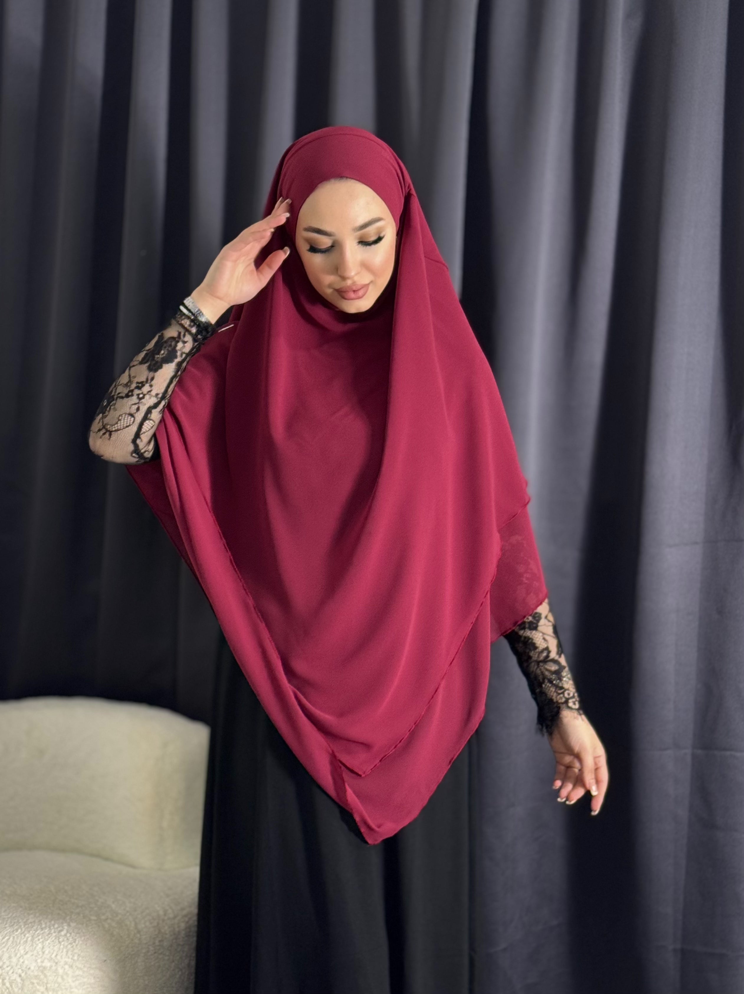 Hazır Peçeli Tesettür Üç Katlı Bordo Şifon Sufle