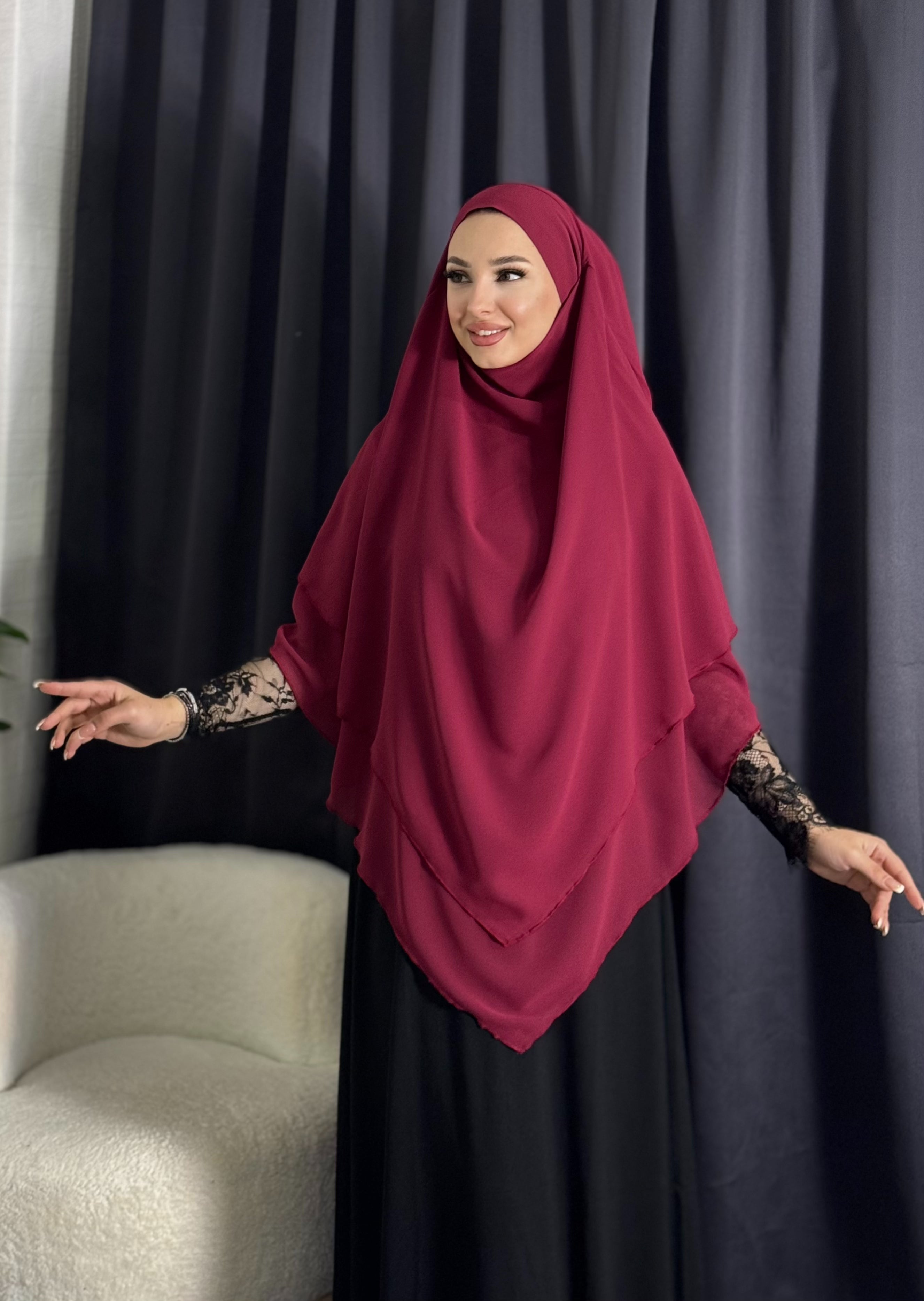 Hazır Peçeli Tesettür Üç Katlı Bordo Şifon Sufle