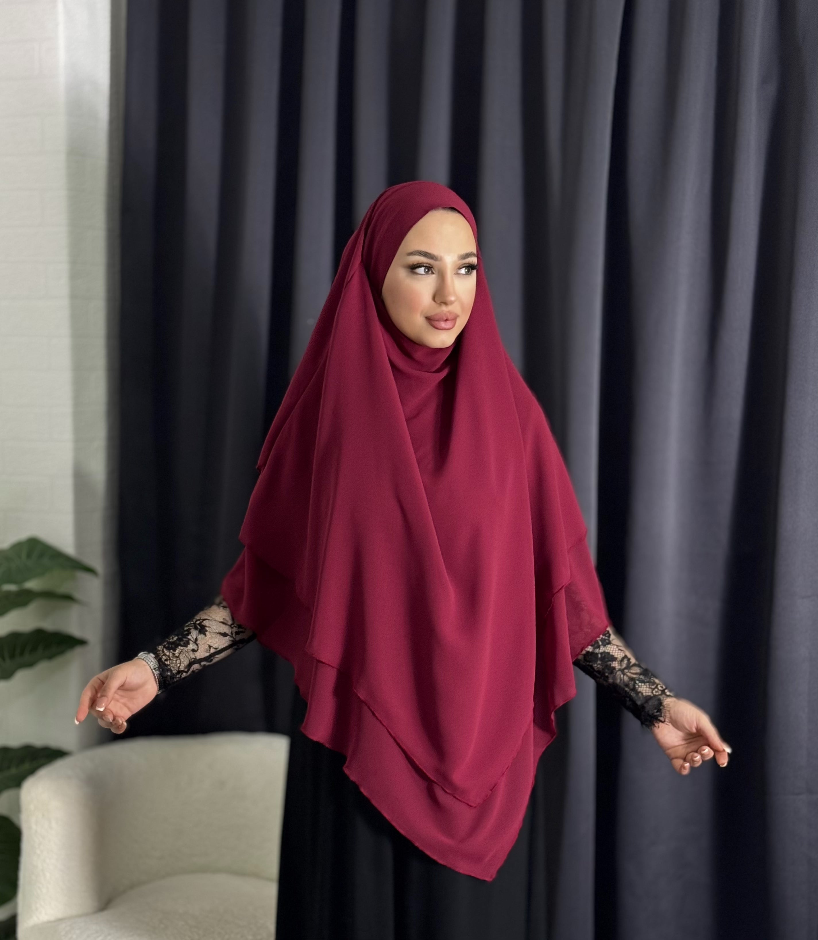 Hazır Peçeli Tesettür Üç Katlı Bordo Şifon Sufle