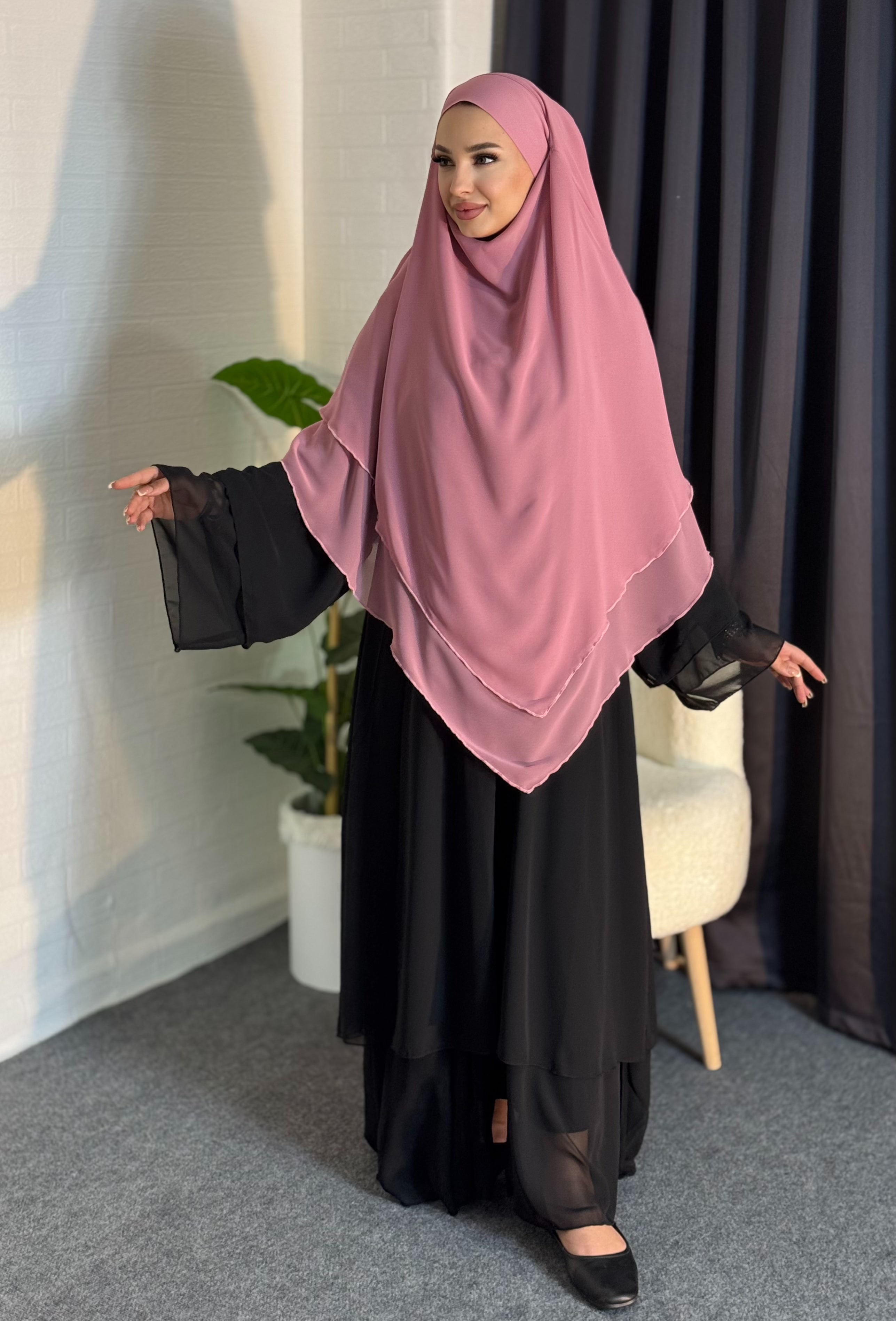 Hazır Peçeli Tesettür Üç Katlı Pembe  Şifon Sufle