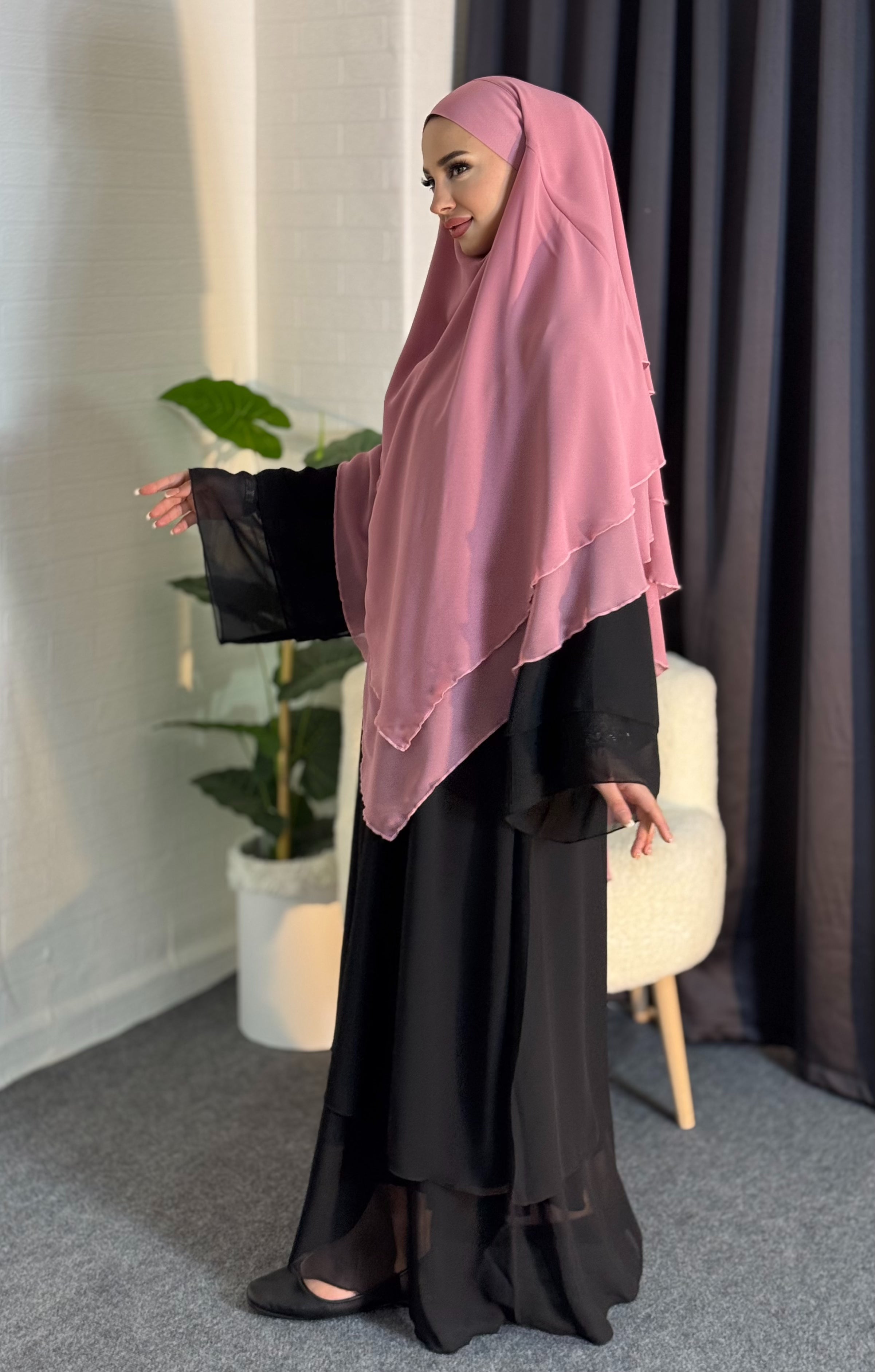 Hazır Peçeli Tesettür Üç Katlı Pembe  Şifon Sufle