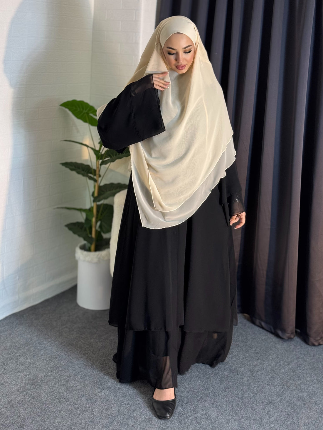 Ready Veiled Hijab Three Layered Cream Chiffon Souffle