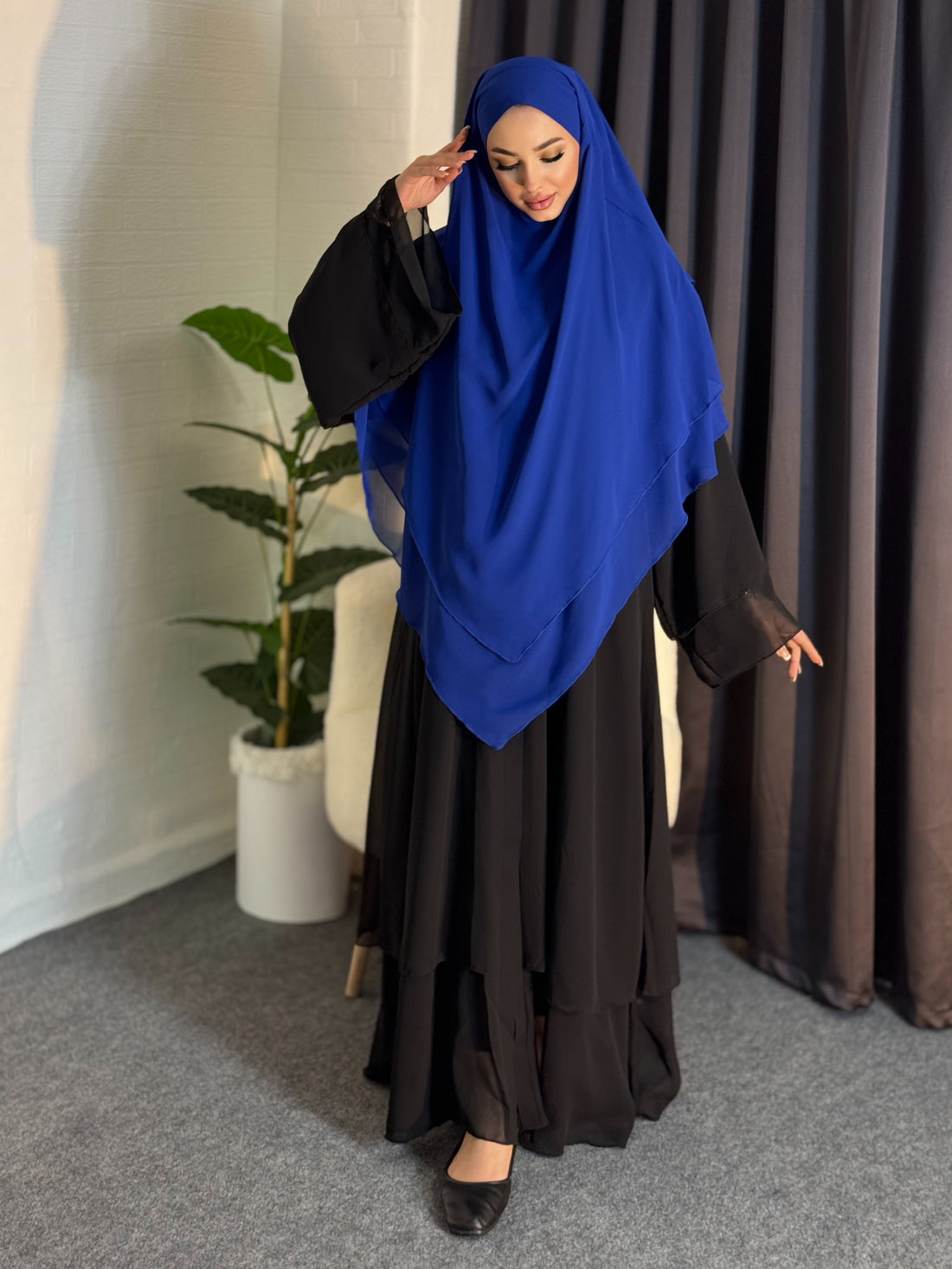 Ready Veiled Hijab Three Layered Blue Chiffon Souffle