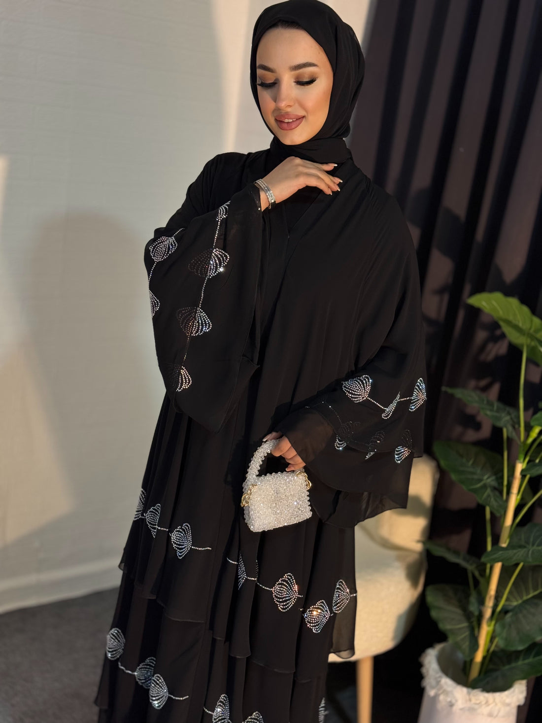 Etek Uçları JanJan Çiçekli Üç Katlı Abaya
