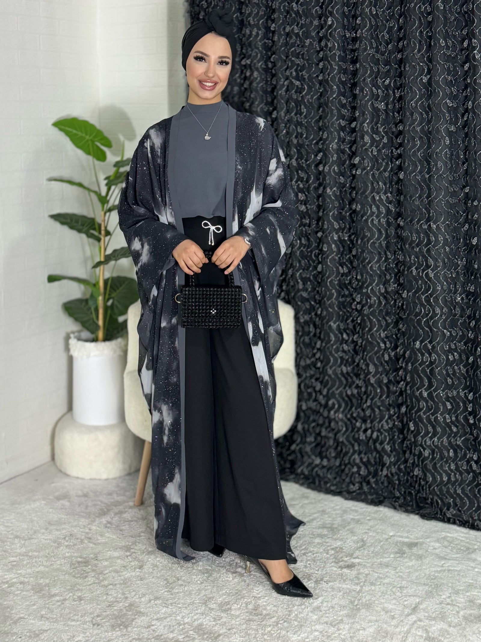 Galaxy Patterned Chiffon Jumpsuit Kimono Set