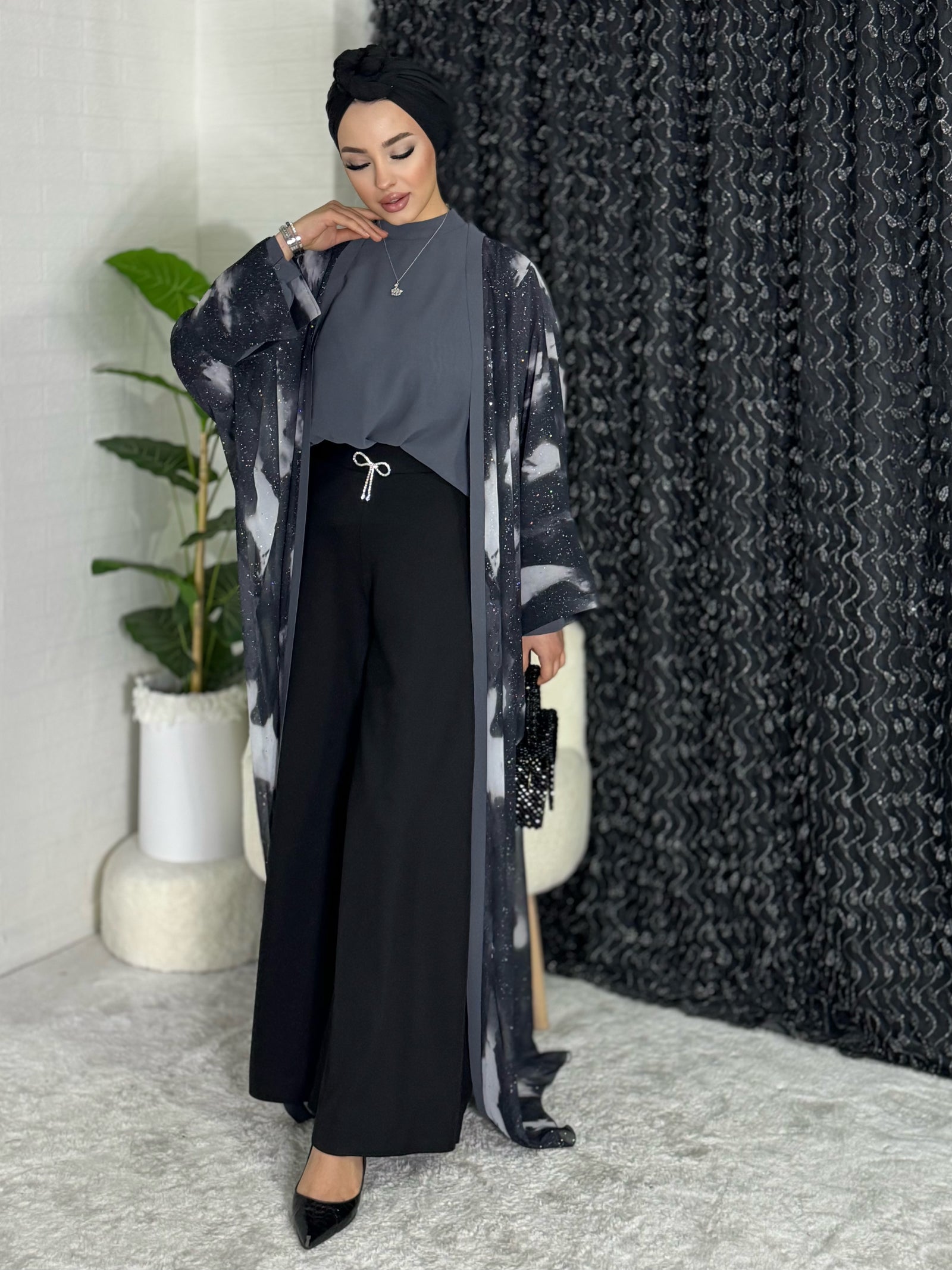 Galaxy Patterned Chiffon Jumpsuit Kimono Set