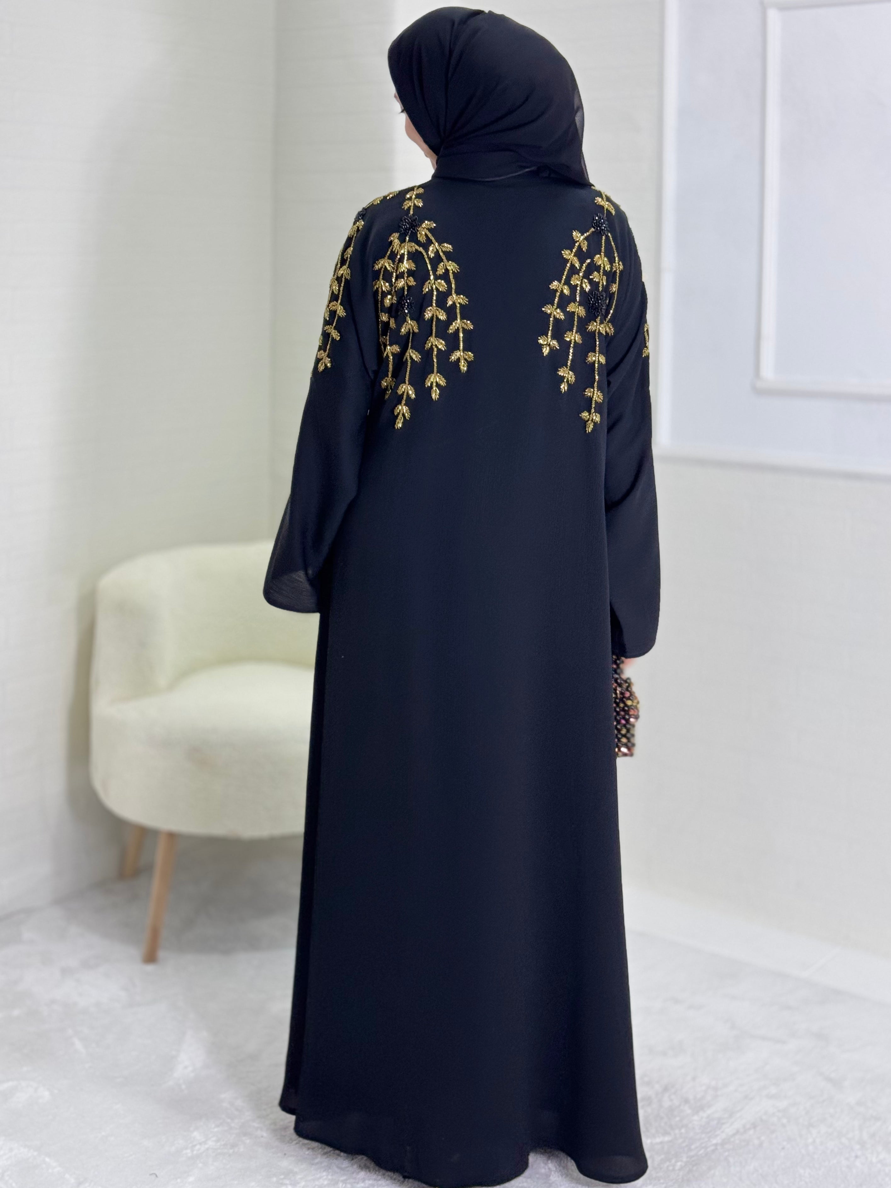 Black Abaya with Hand Embroidered Gold Stones on Shoulders