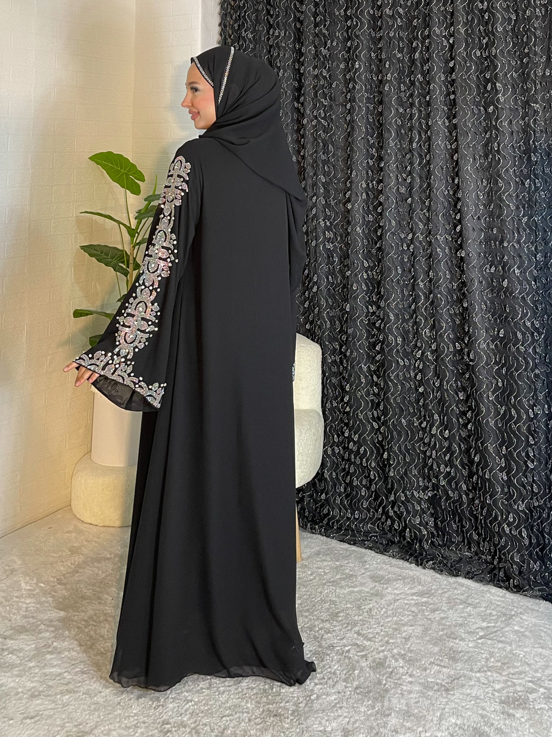 Stylish Black Chiffon Abaya with CanCan Stones on Front and Shoulder to Sleeves