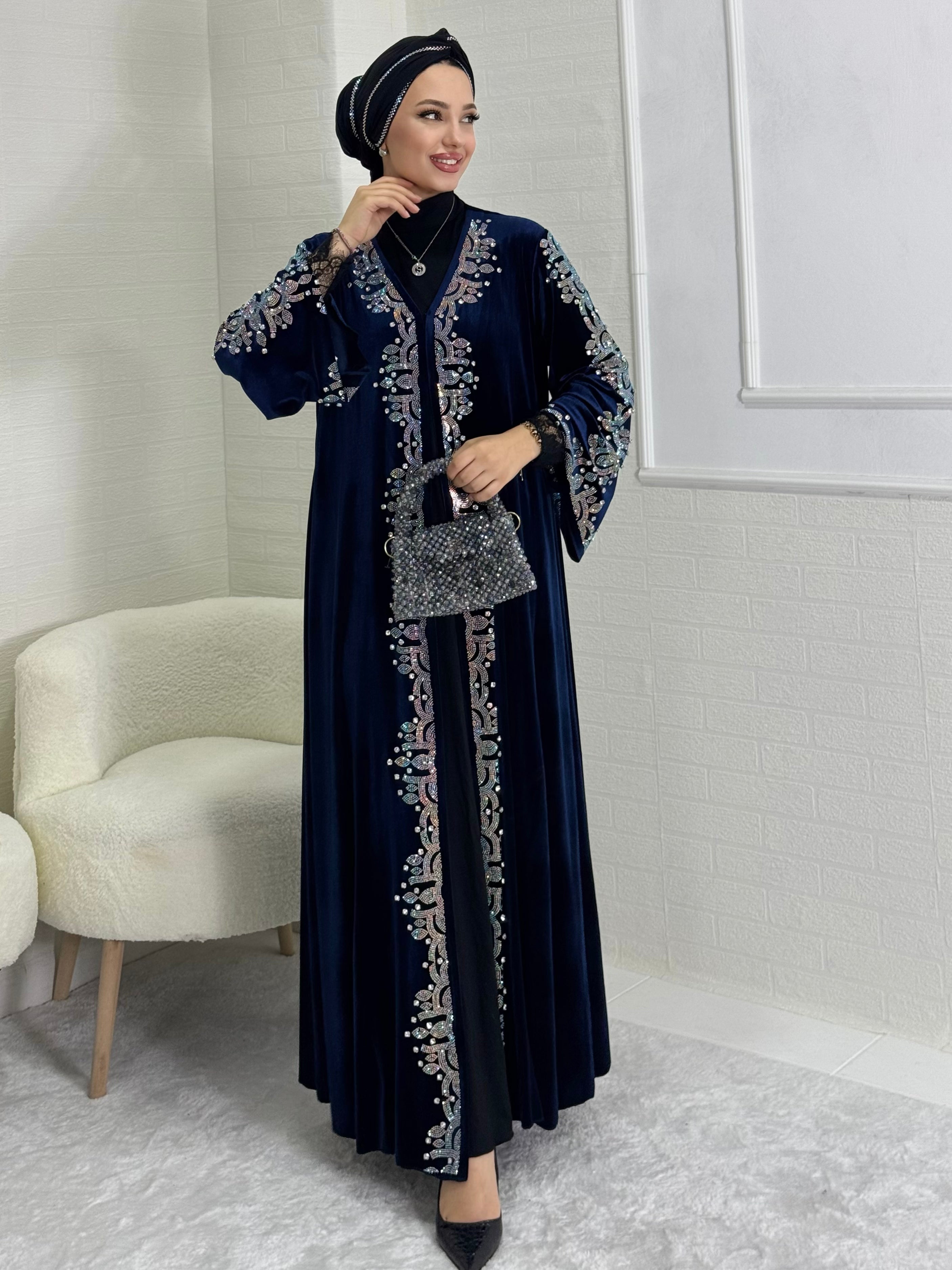 Stylish Blue Velvet Abaya with CanCan Stones on Front and Shoulder to Sleeves