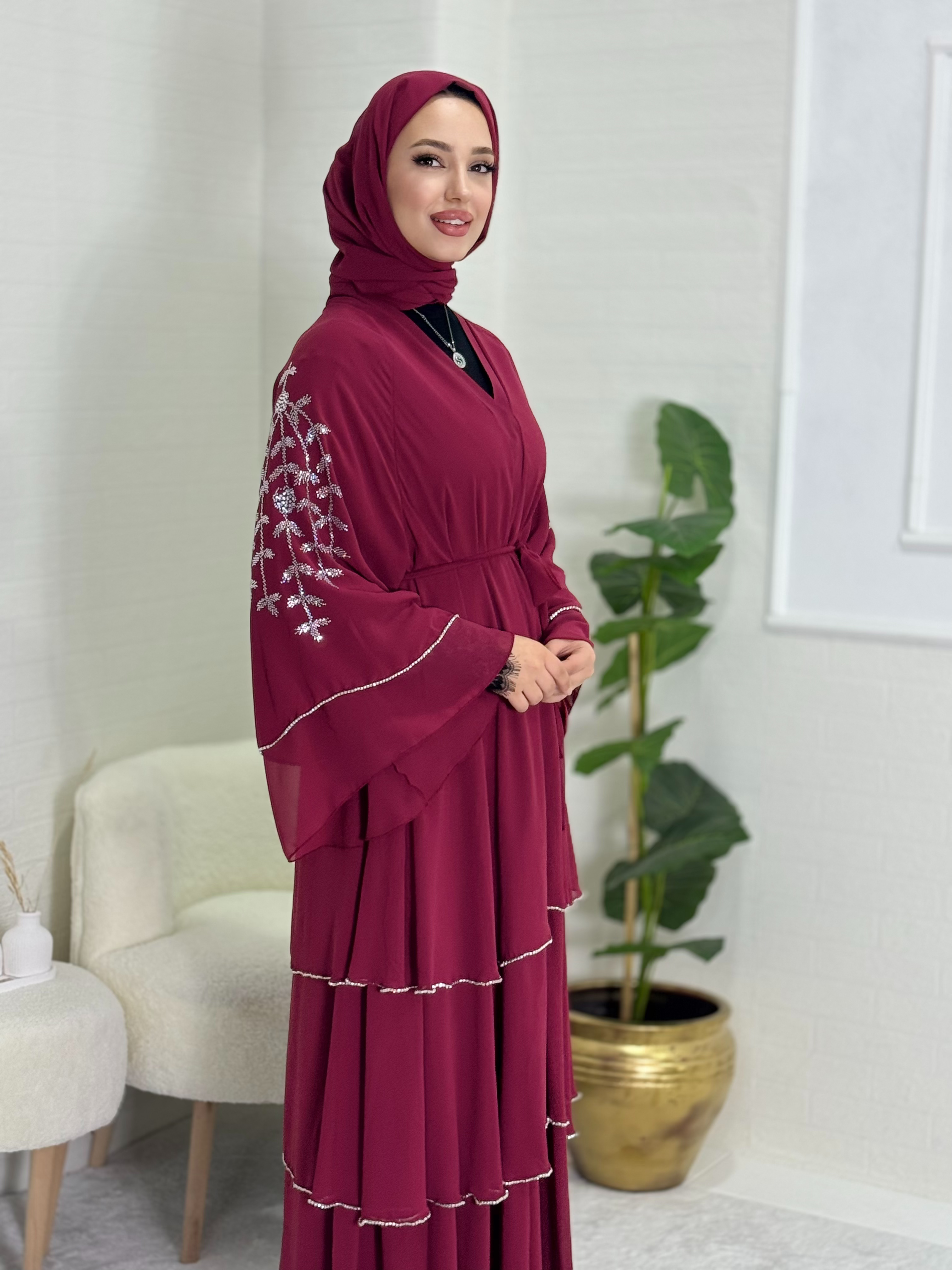 Omuzları Swarovski Desenli Bordo Abaya