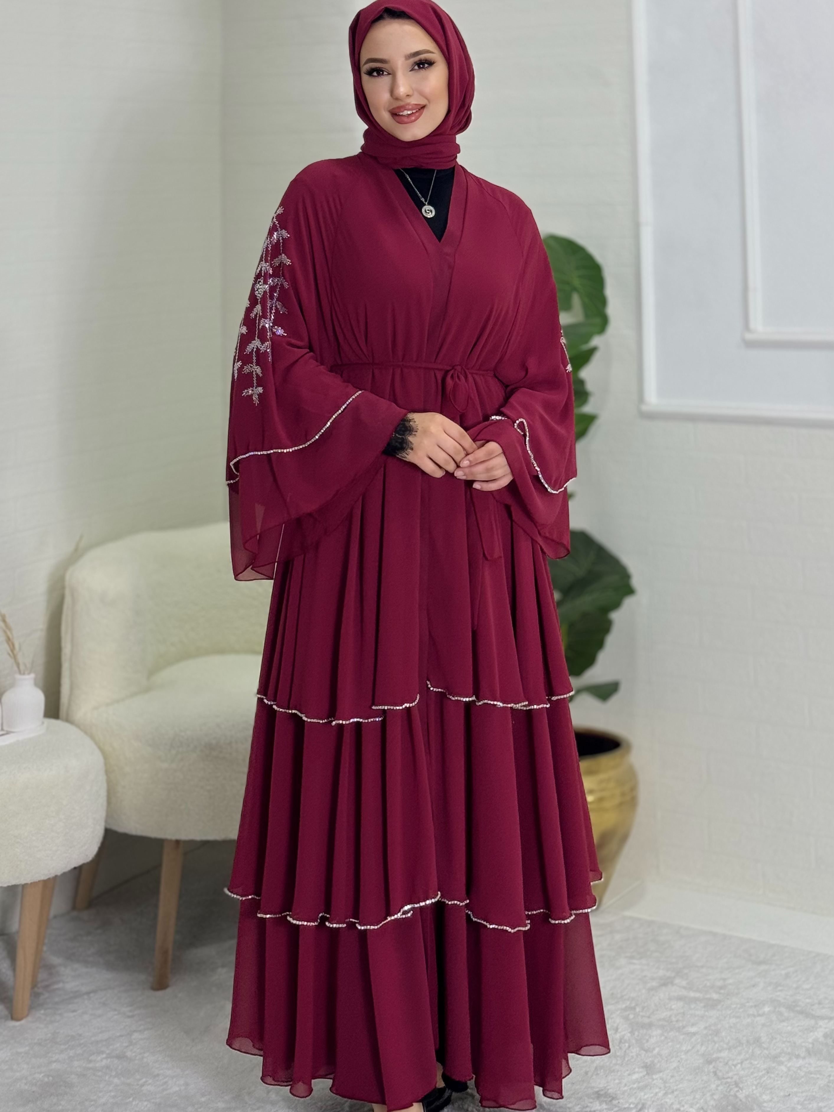 Omuzları Swarovski Desenli Bordo Abaya