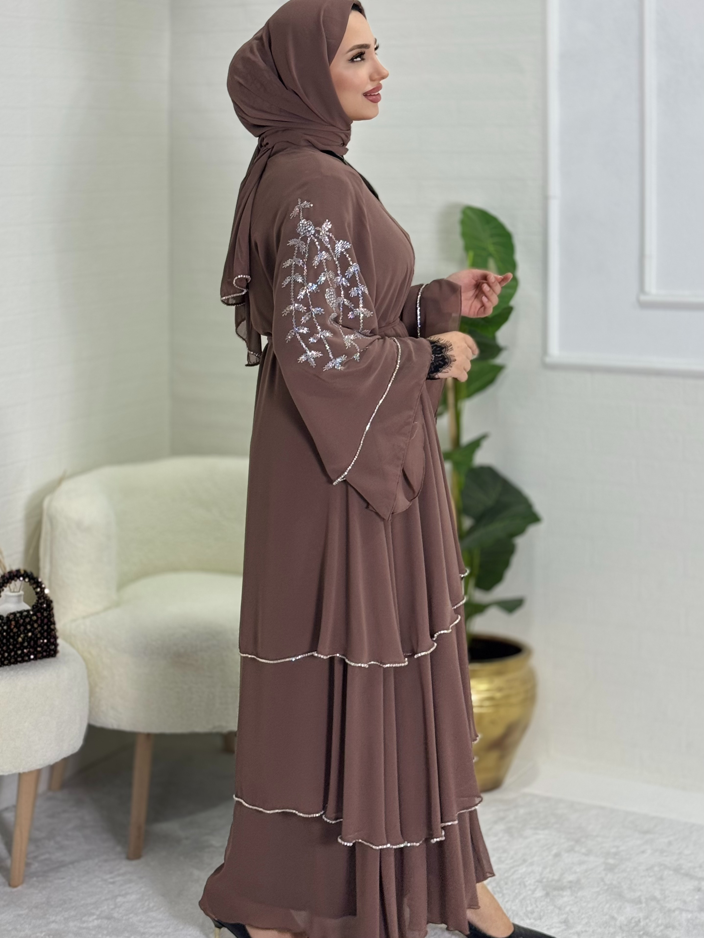 Mink Abaya with Swarovski Pattern on Shoulders