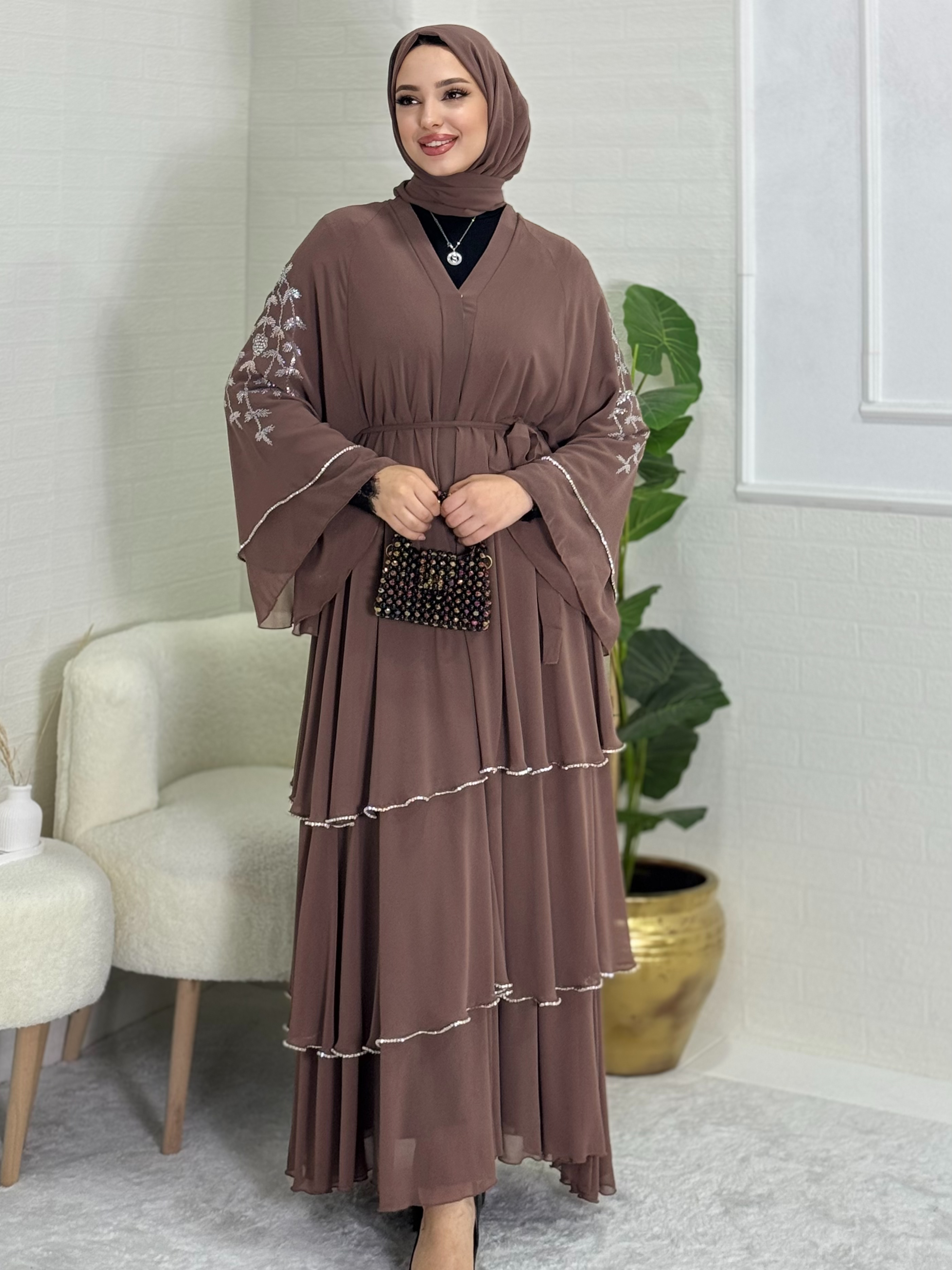 Mink Abaya with Swarovski Pattern on Shoulders