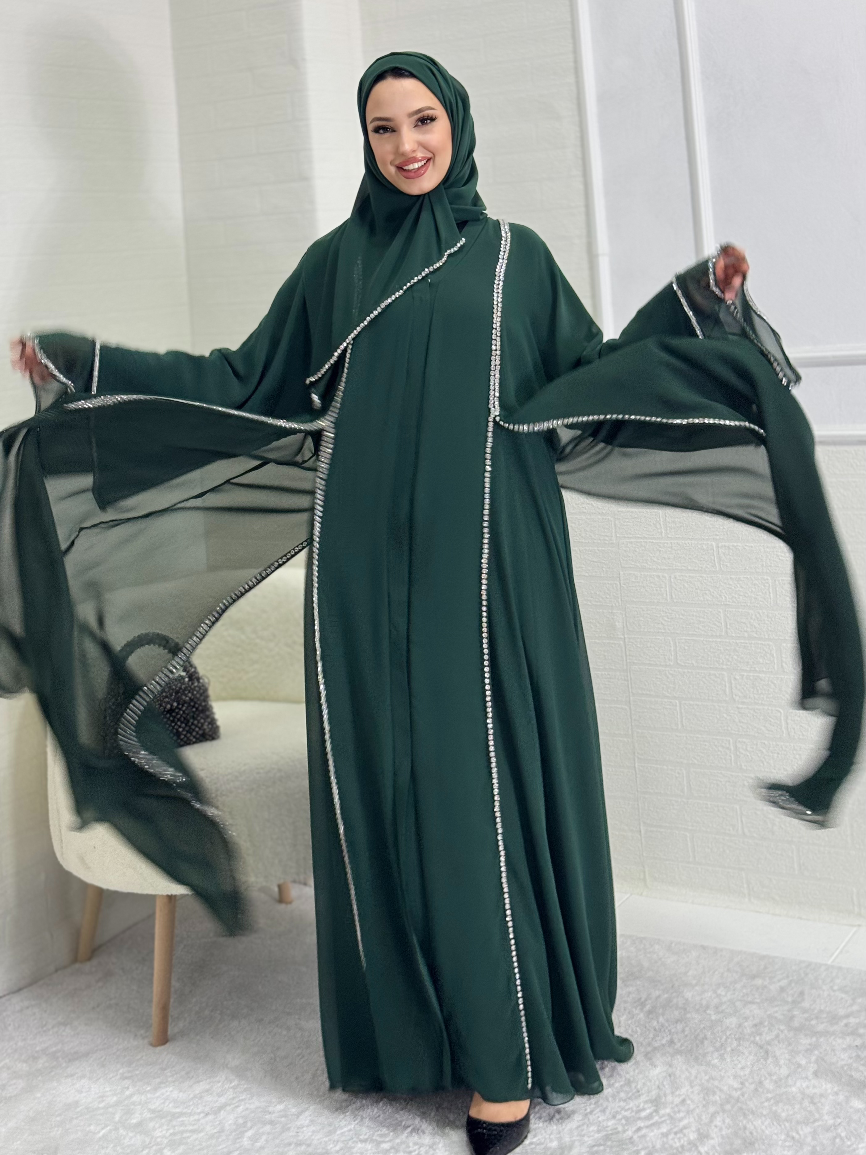 Chiffon Green Abaya with Front Slit and White Stones