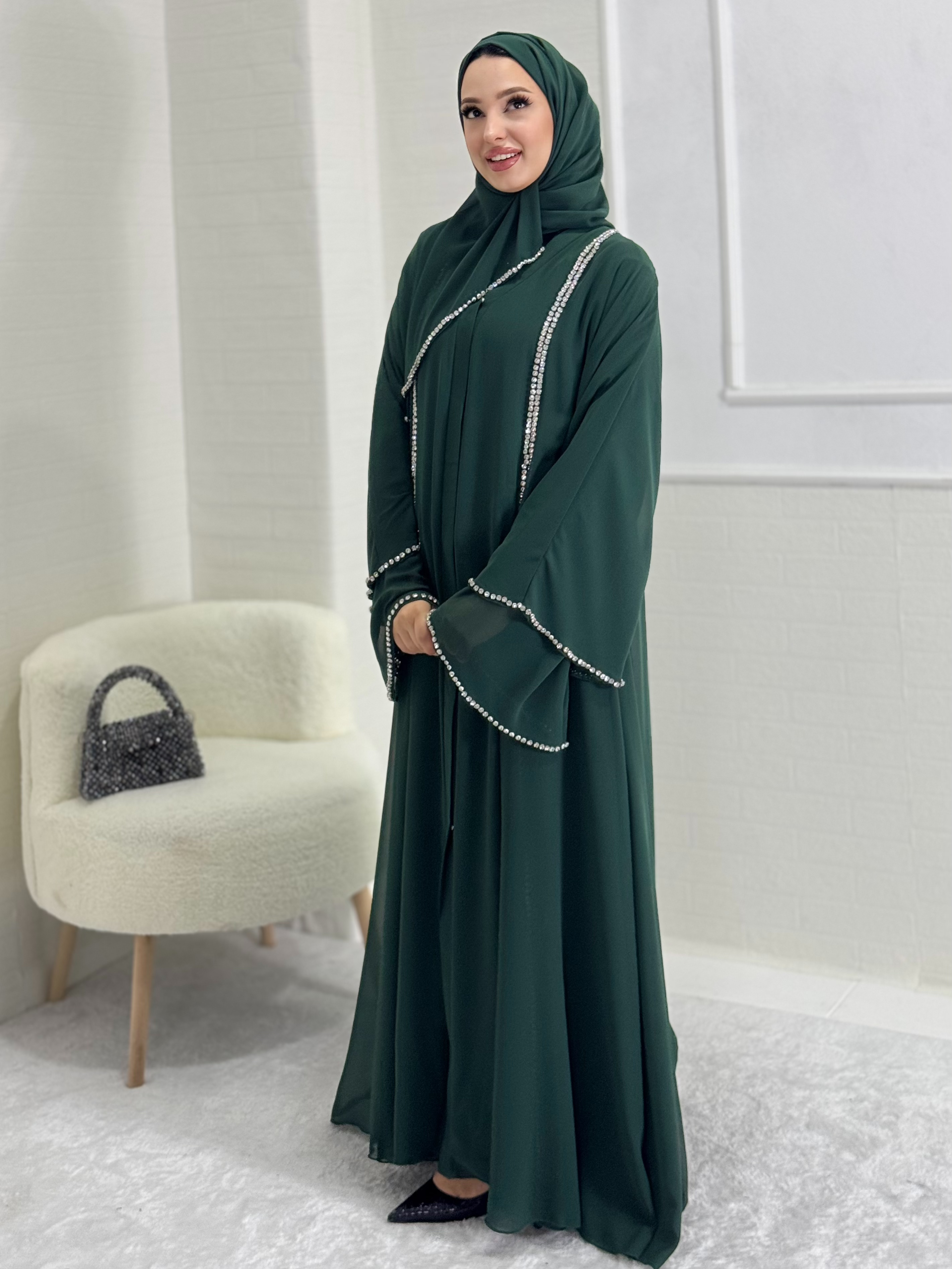 Chiffon Green Abaya with Front Slit and White Stones