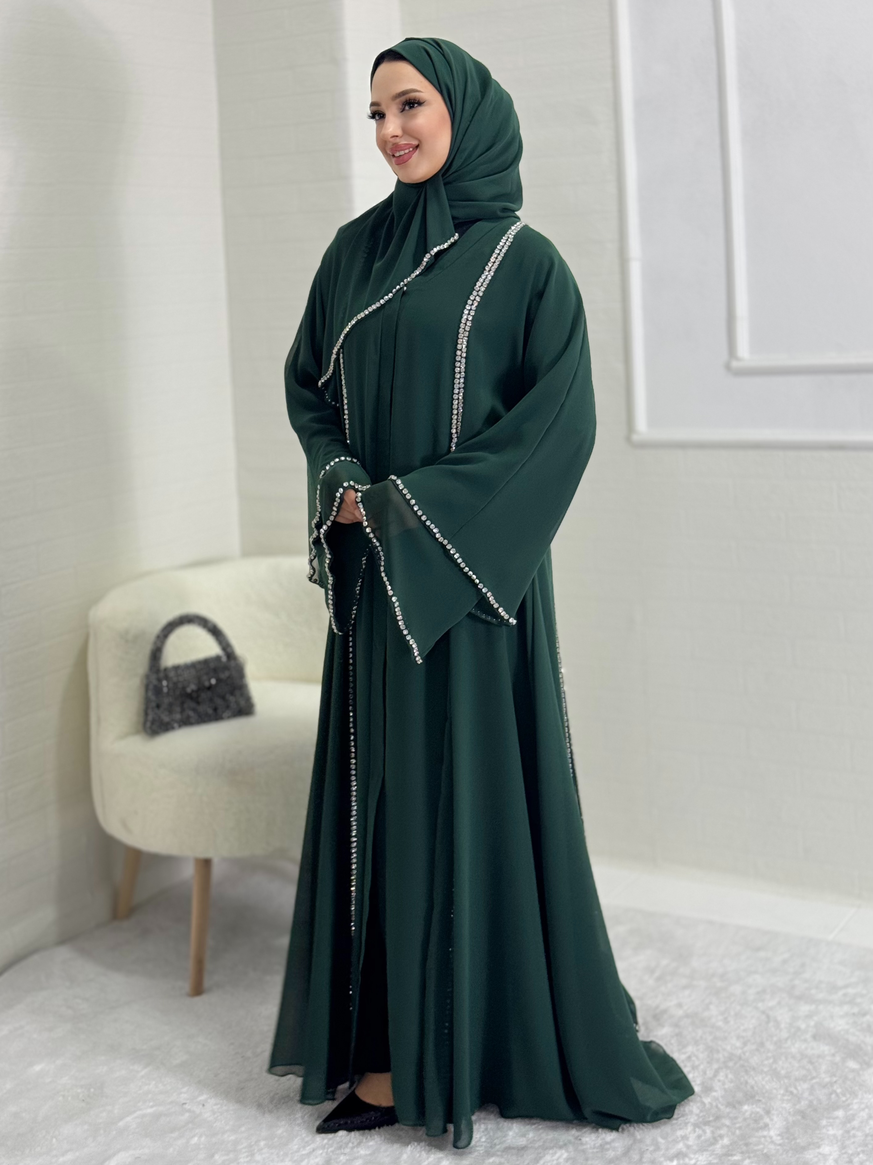 Chiffon Green Abaya with Front Slit and White Stones