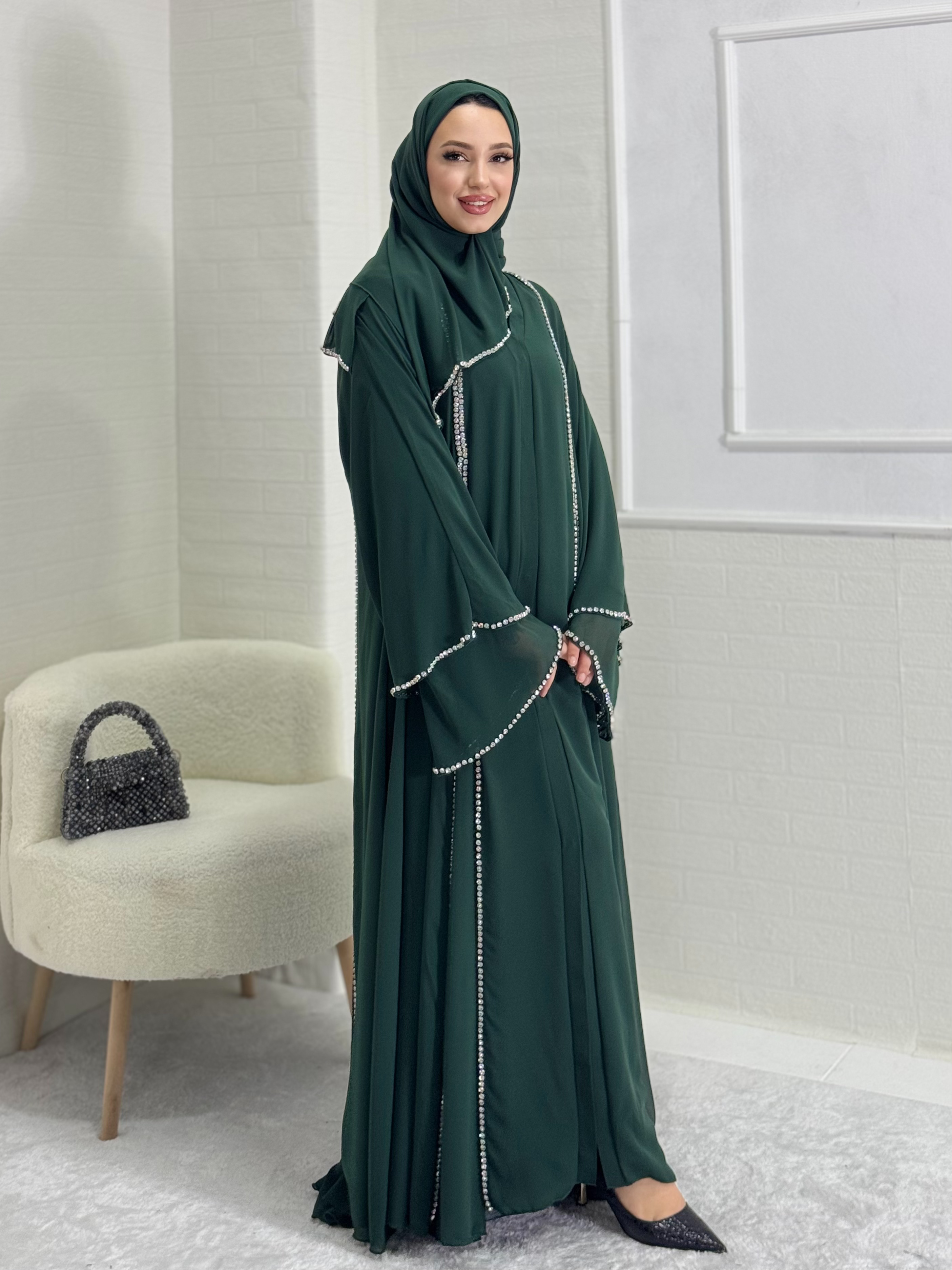 Chiffon Green Abaya with Front Slit and White Stones