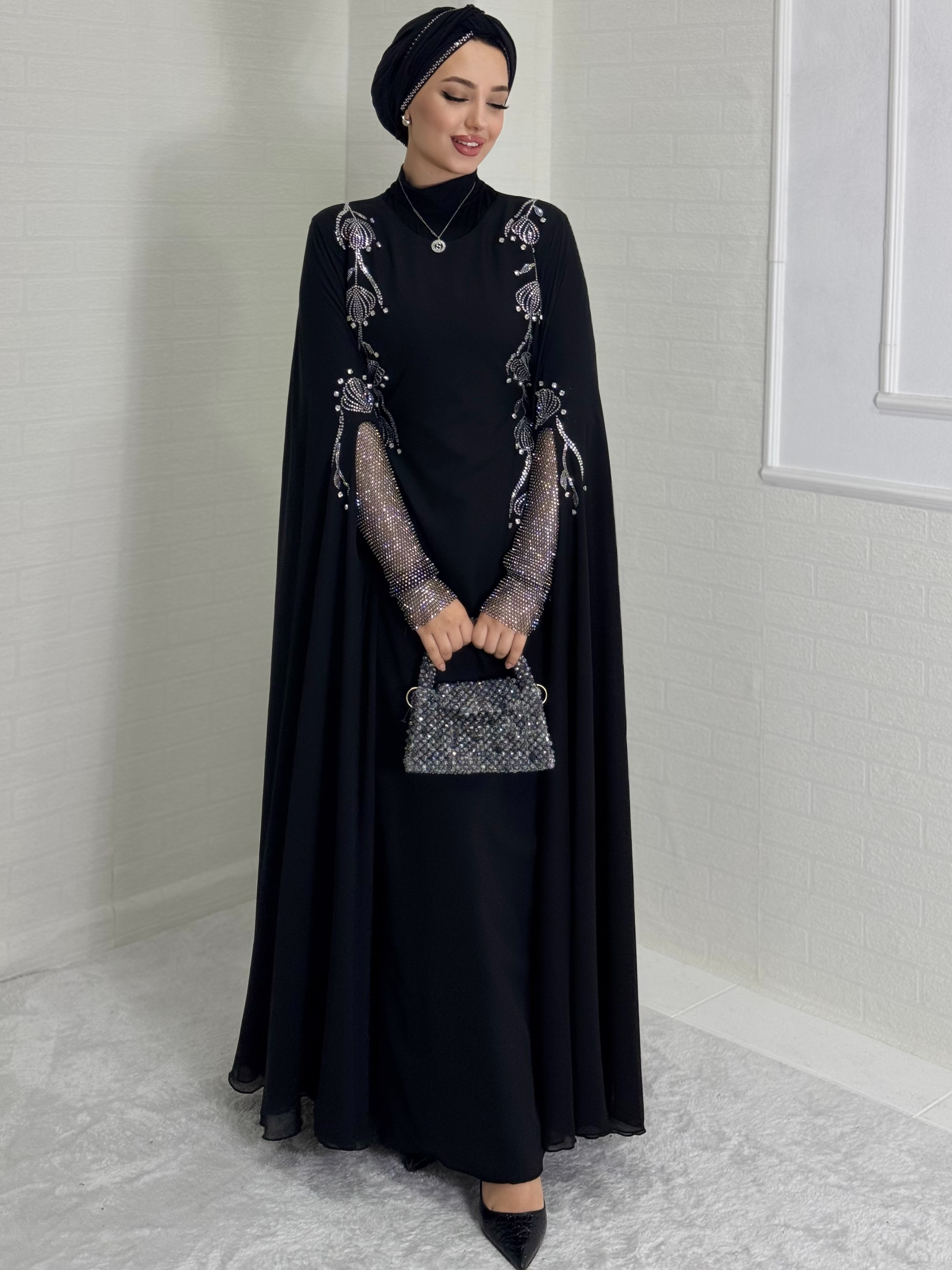 Dubai Silk Abaya with Silver Stone Embroidered