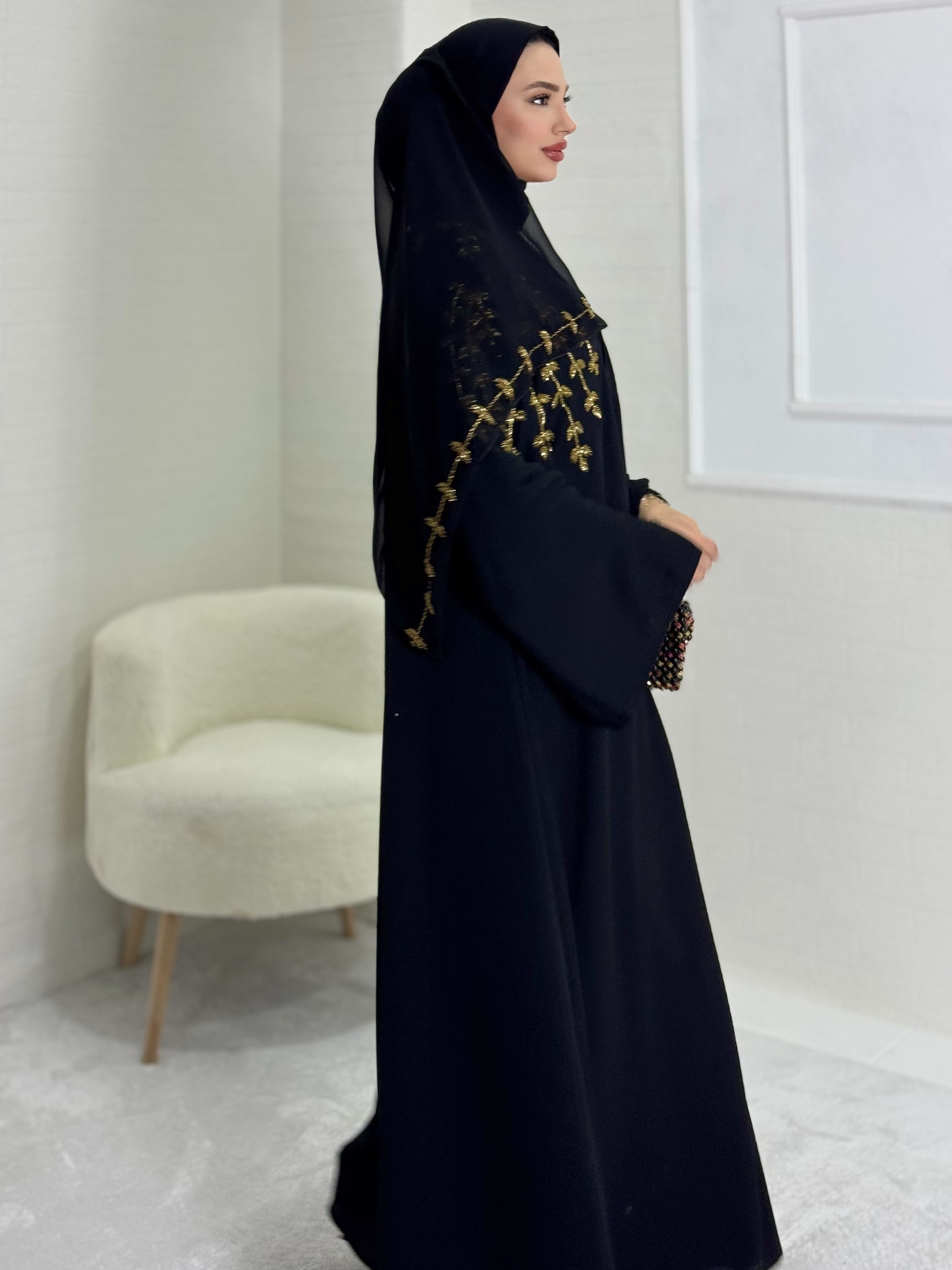 Black Abaya with Hand Embroidered Gold Stones on Shoulders