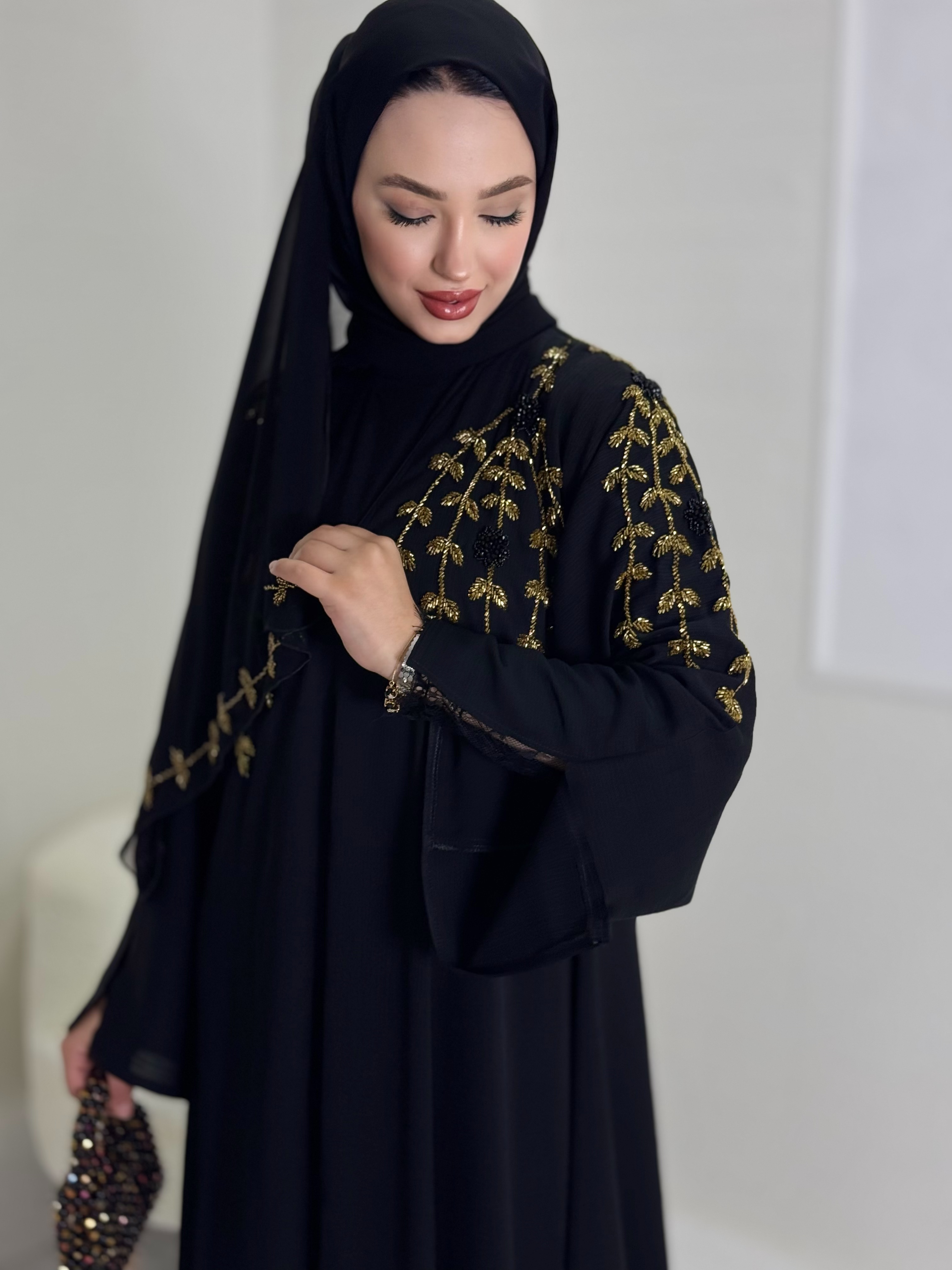 Black Abaya with Hand Embroidered Gold Stones on Shoulders