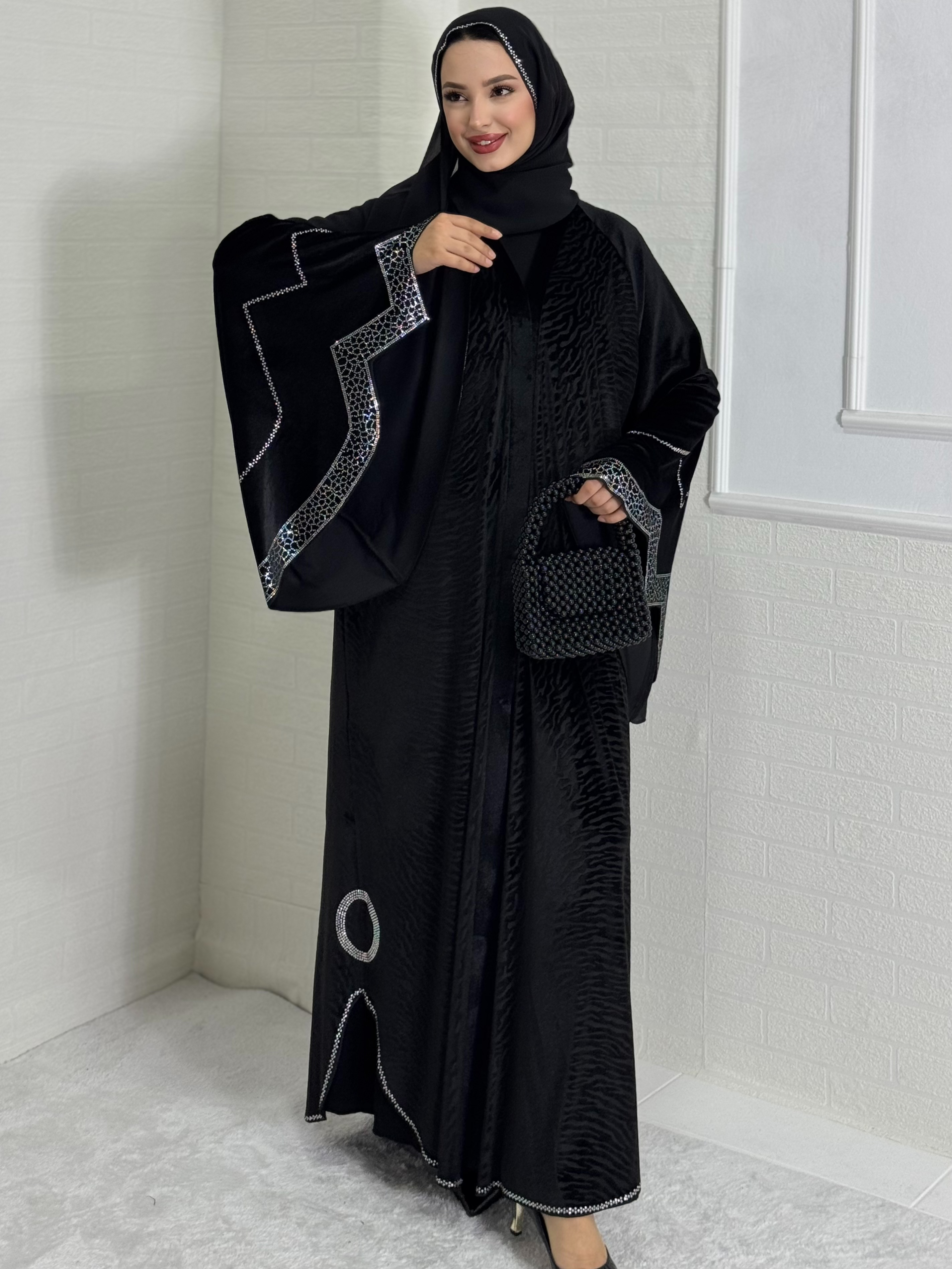 Black Velvet Abaya with White Stone Detail