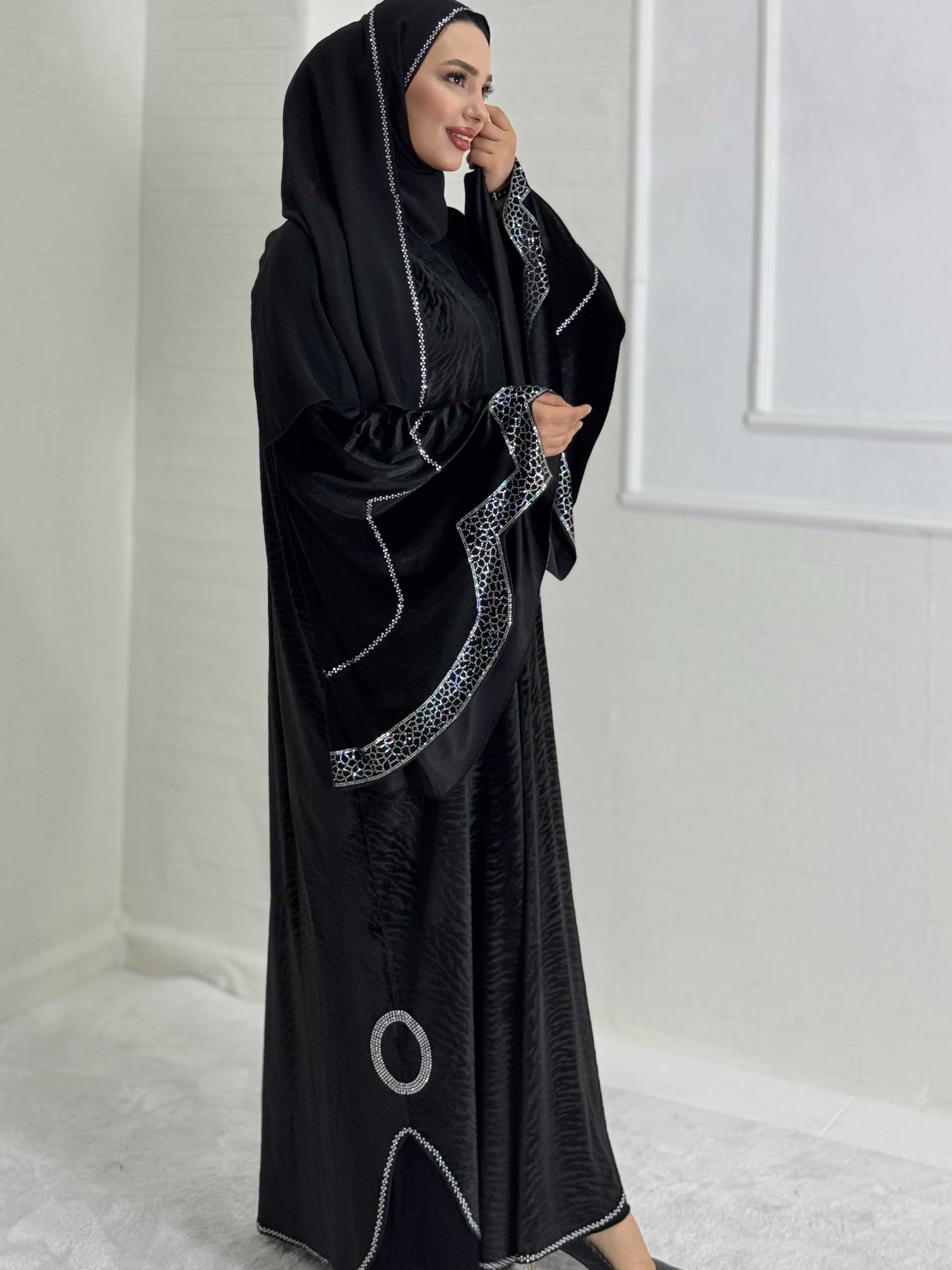 Black Velvet Abaya with White Stone Detail