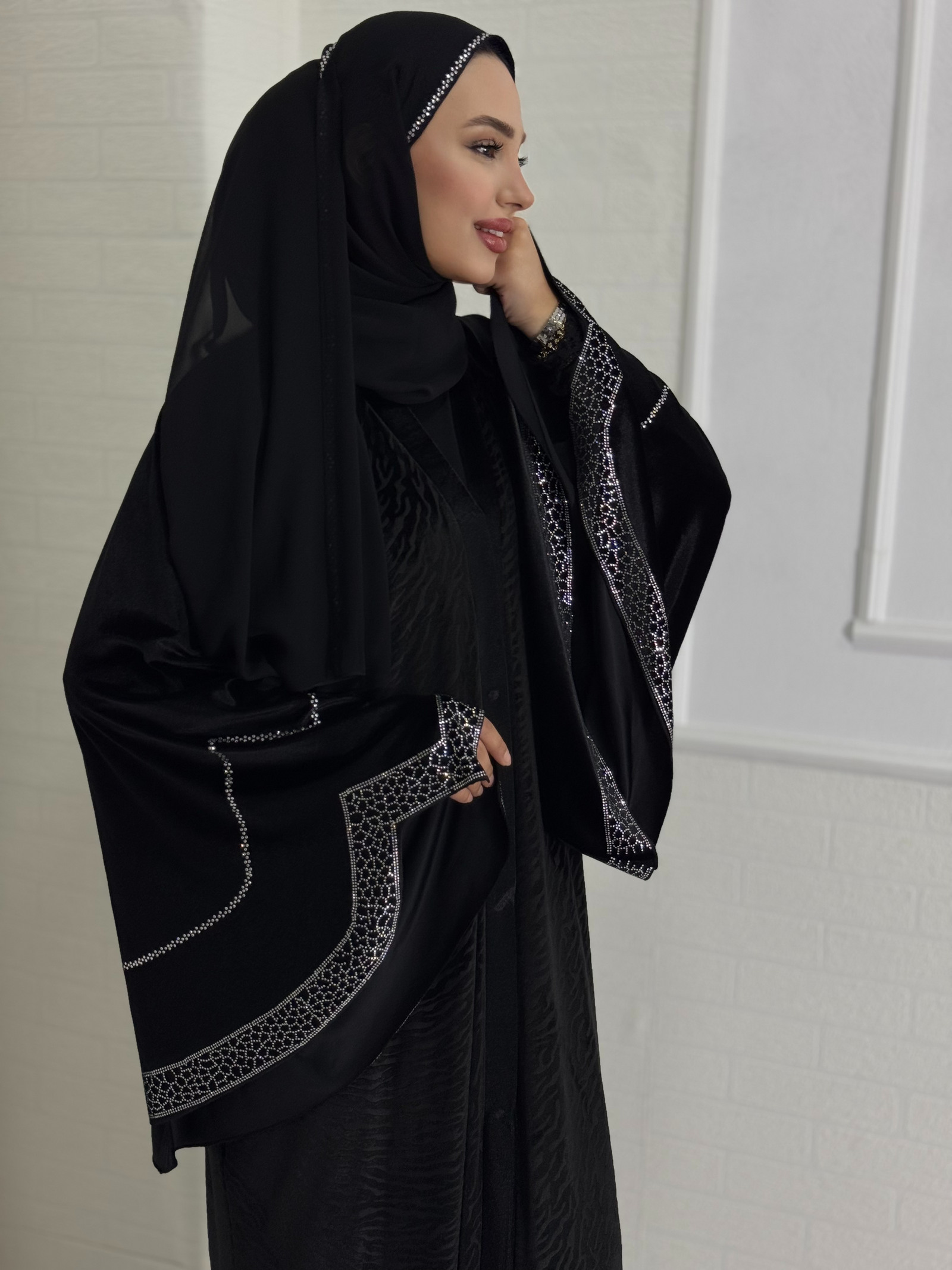 Black Velvet Abaya with White Stone Details - Stylish and Elegant Model WS09 VWSB