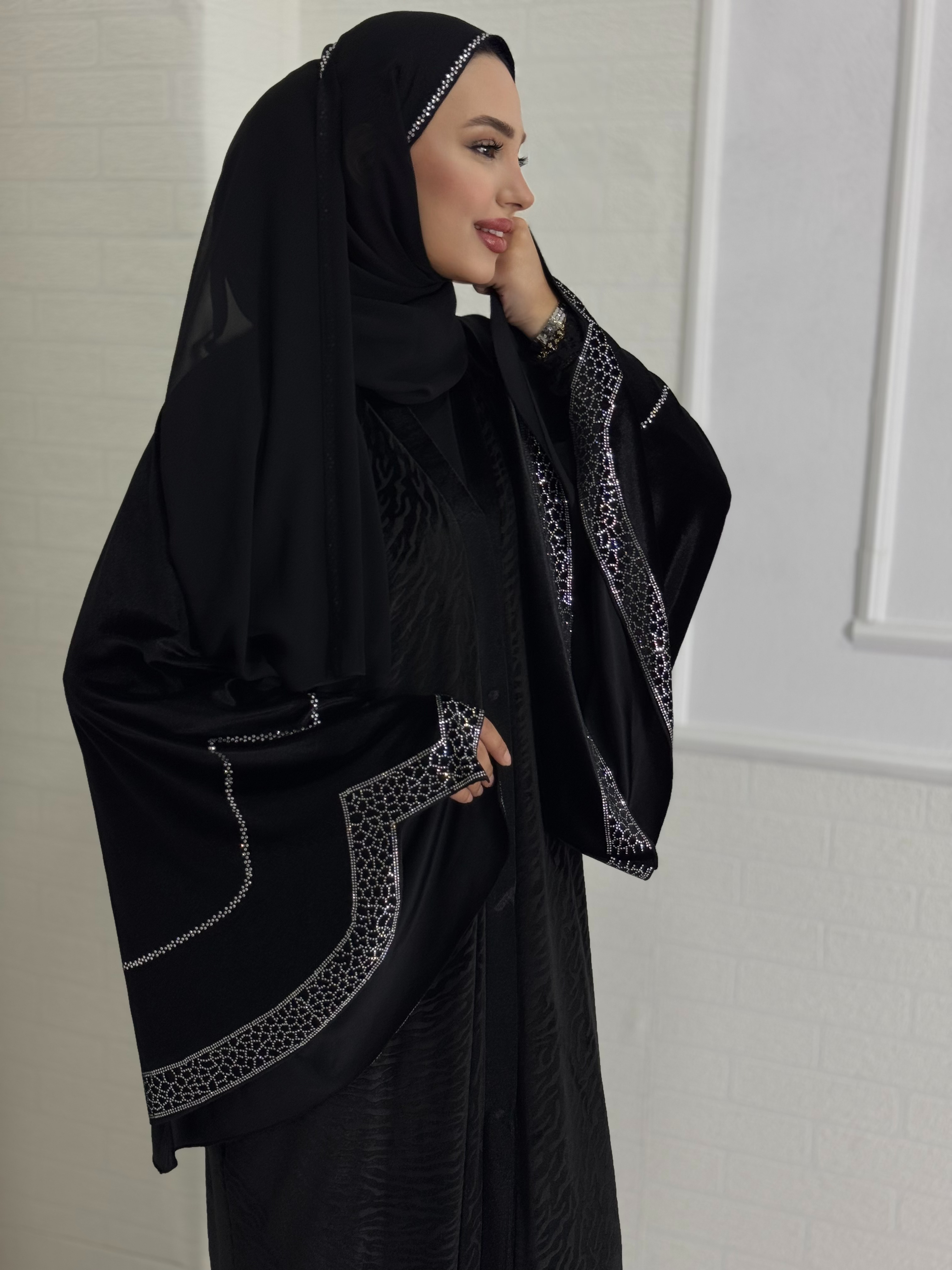 Black Velvet Abaya with White Stone Detail