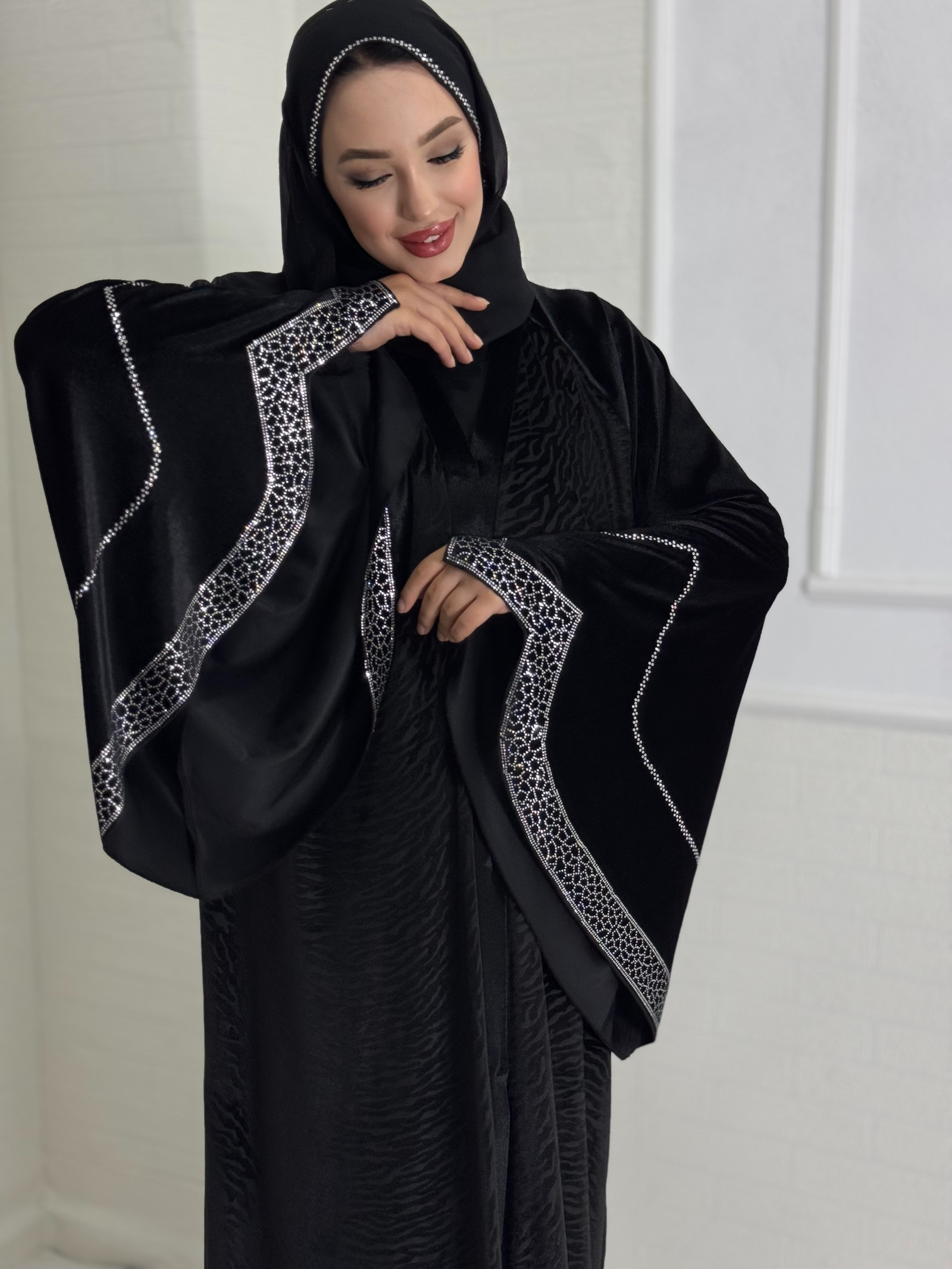 Black Velvet Abaya with White Stone Details - Stylish and Elegant Model WS09 VWSB