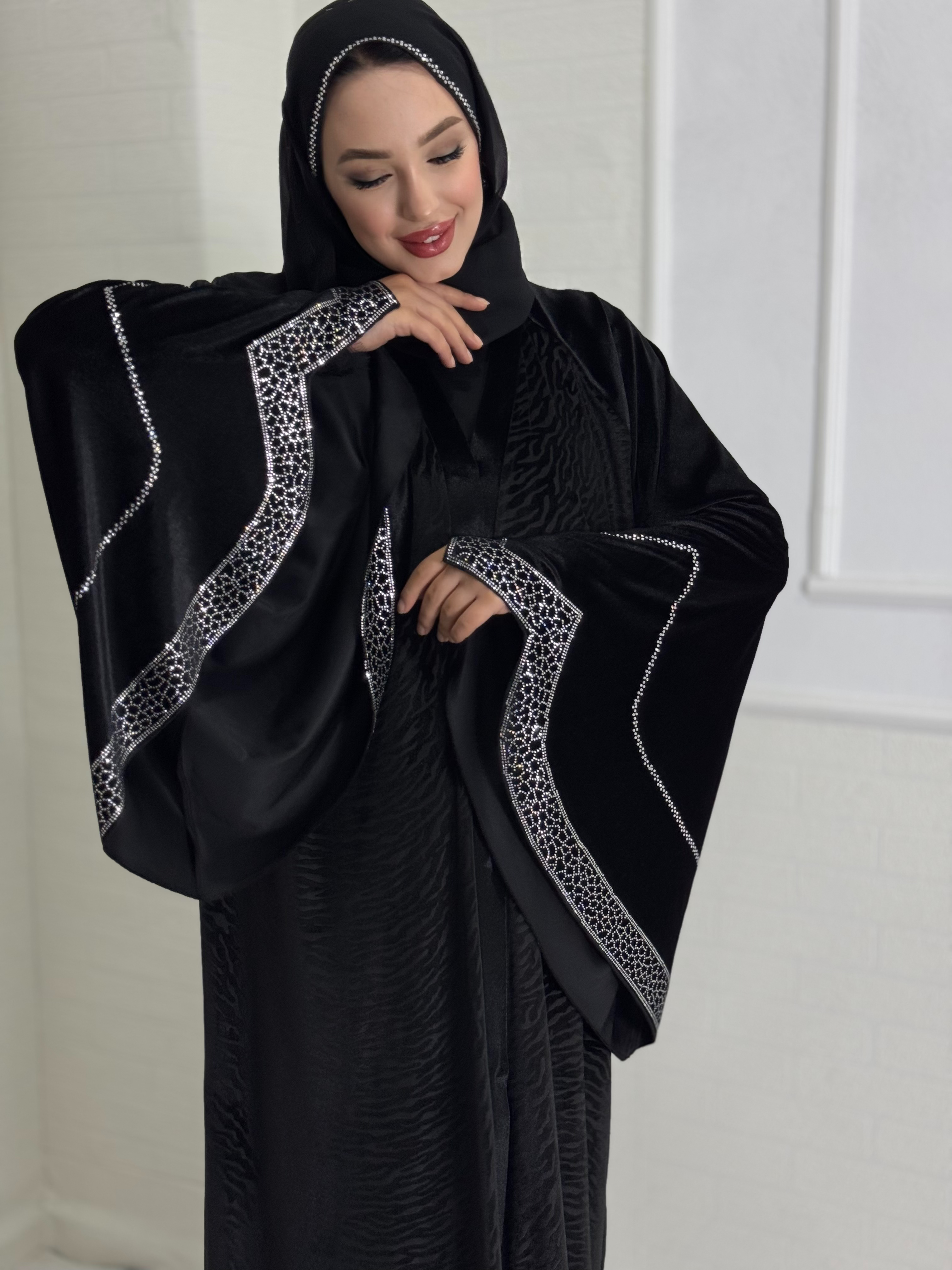 Black Velvet Abaya with White Stone Detail