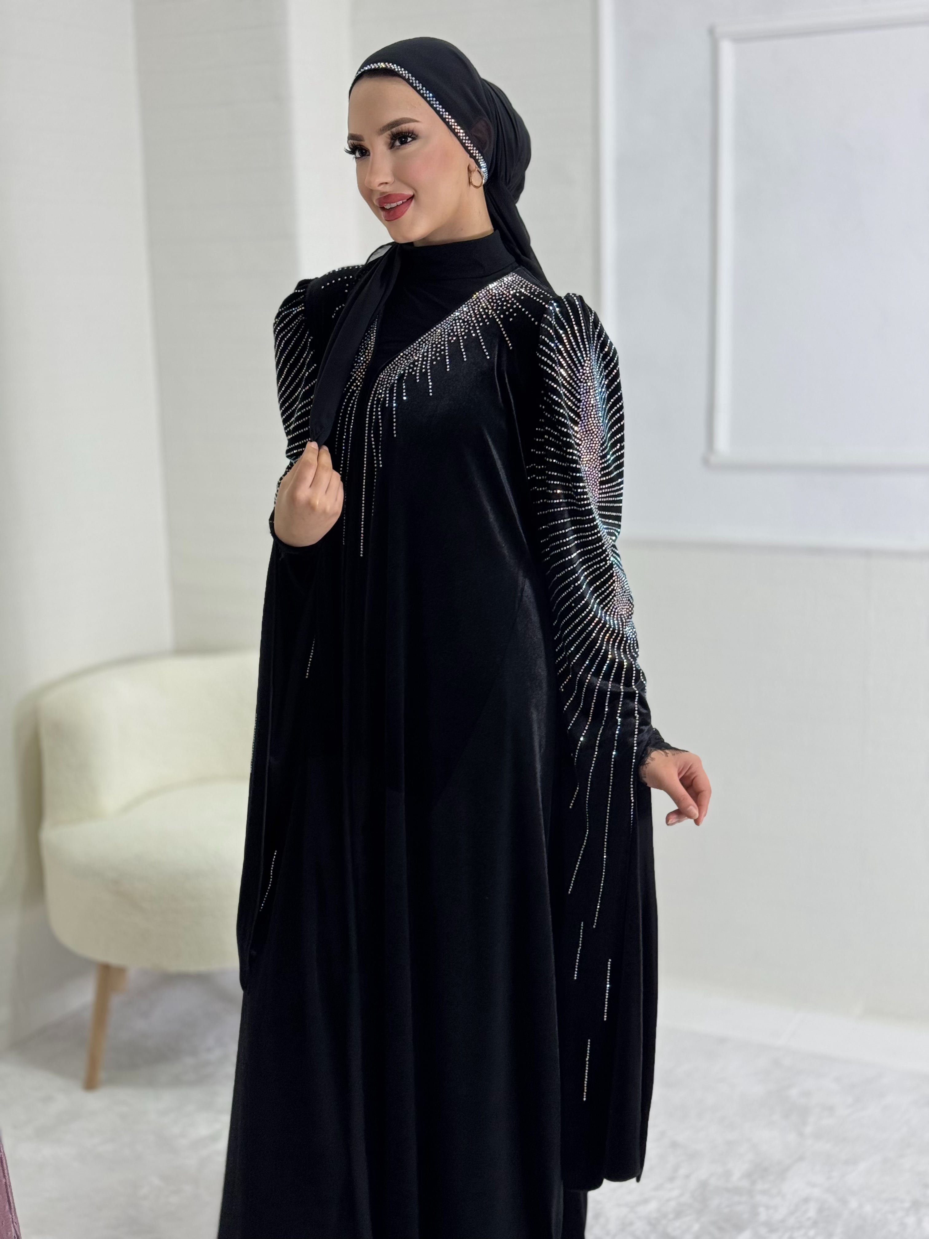 Janjan Stoned Black Velvet Evening Dress