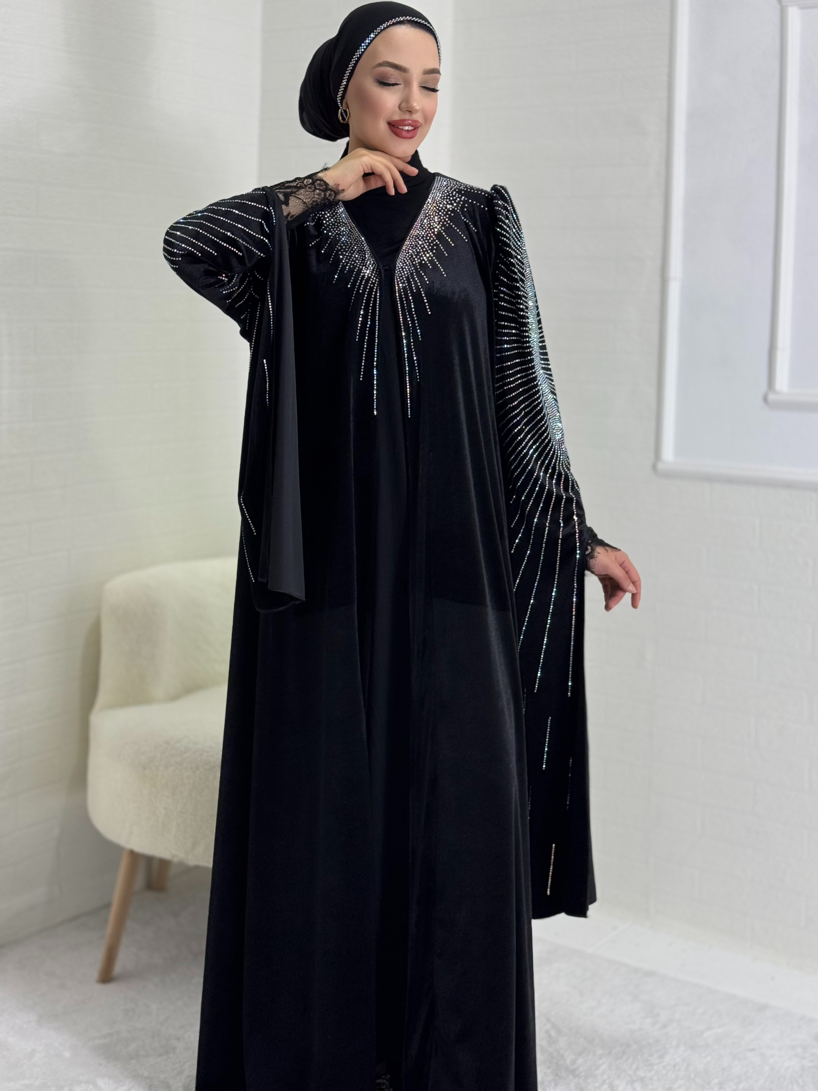 Janjan Stoned Black Velvet Evening Dress