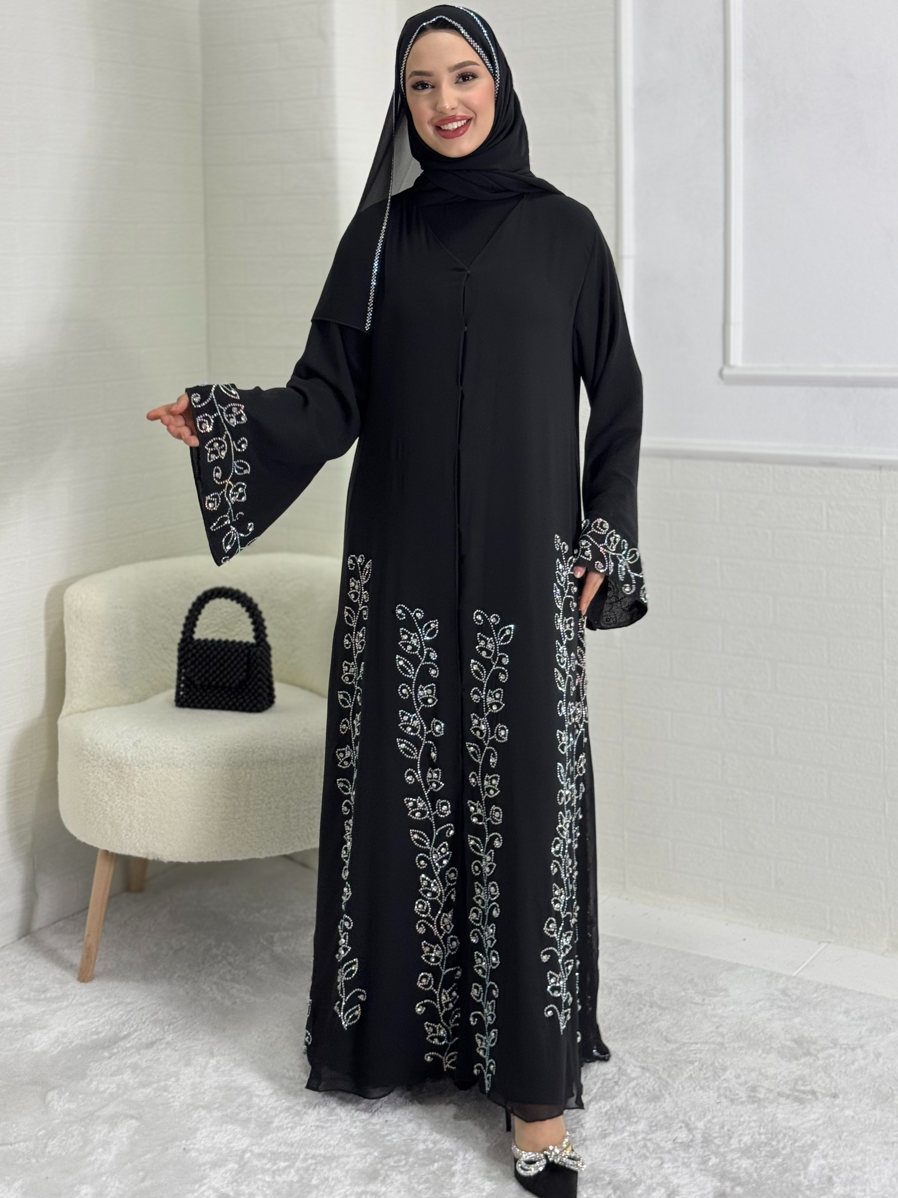 Black Abaya with Flower Patterned Stones on the Skirt