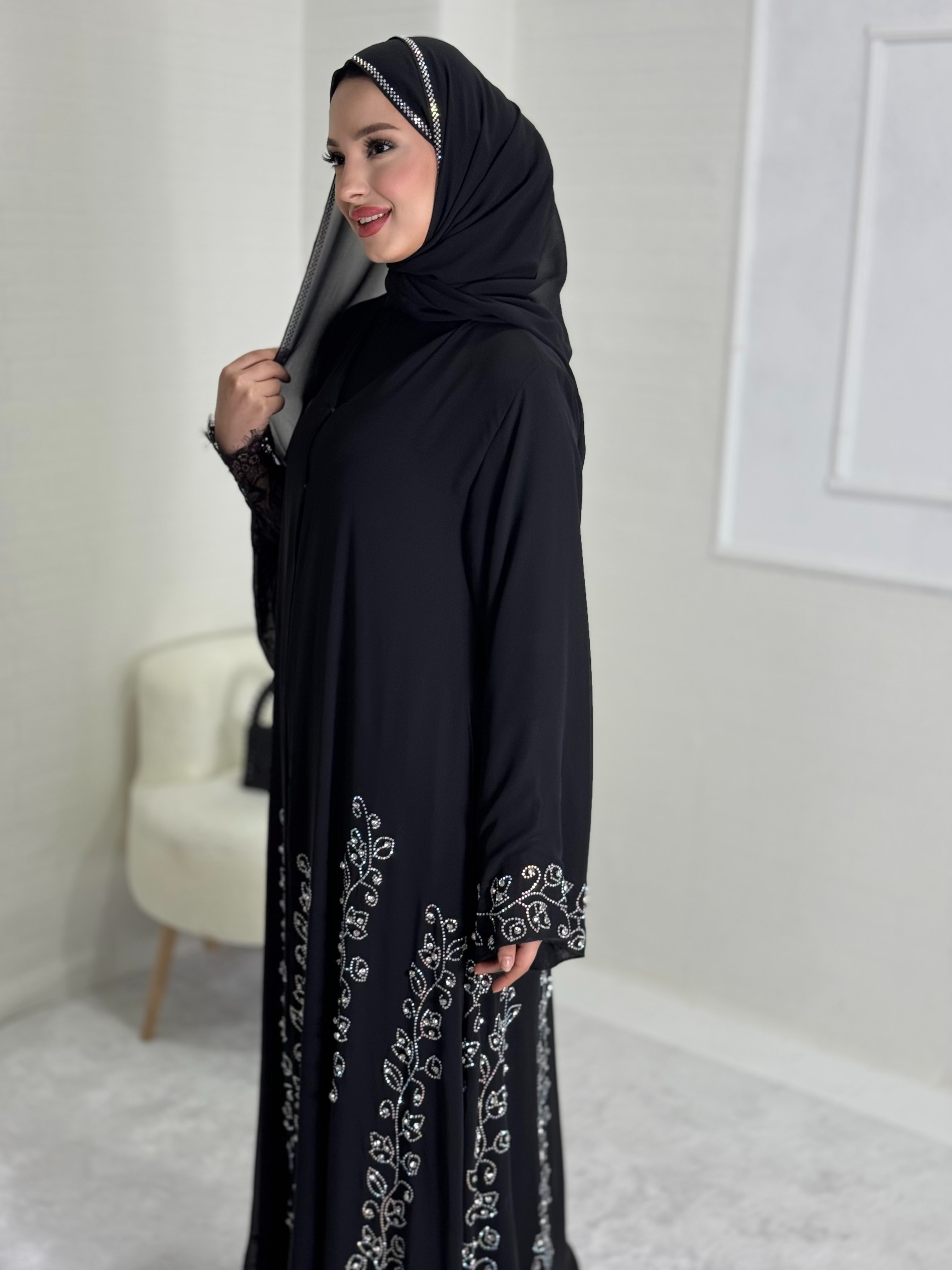 Black Abaya with Flower Patterned Stones on the Skirt