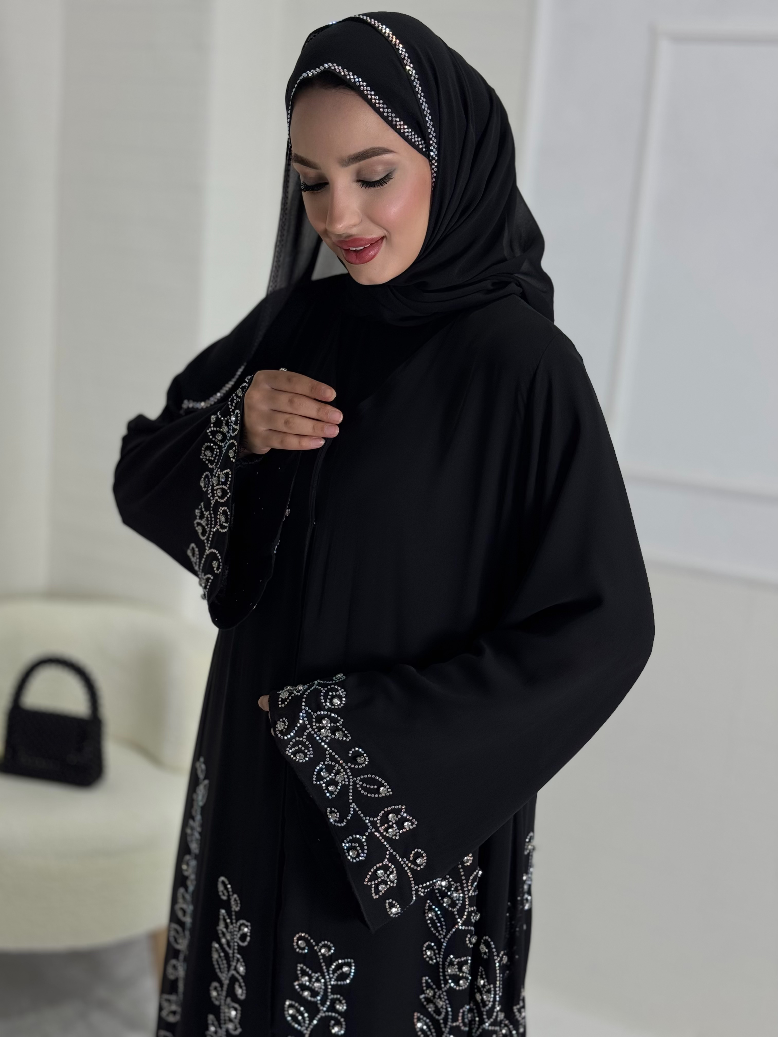 Black Abaya with Flower Patterned Stones on the Skirt